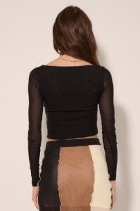 Black Solid Sheer Square Neck Ruched Bodice Crop Top sold by Pinkblush