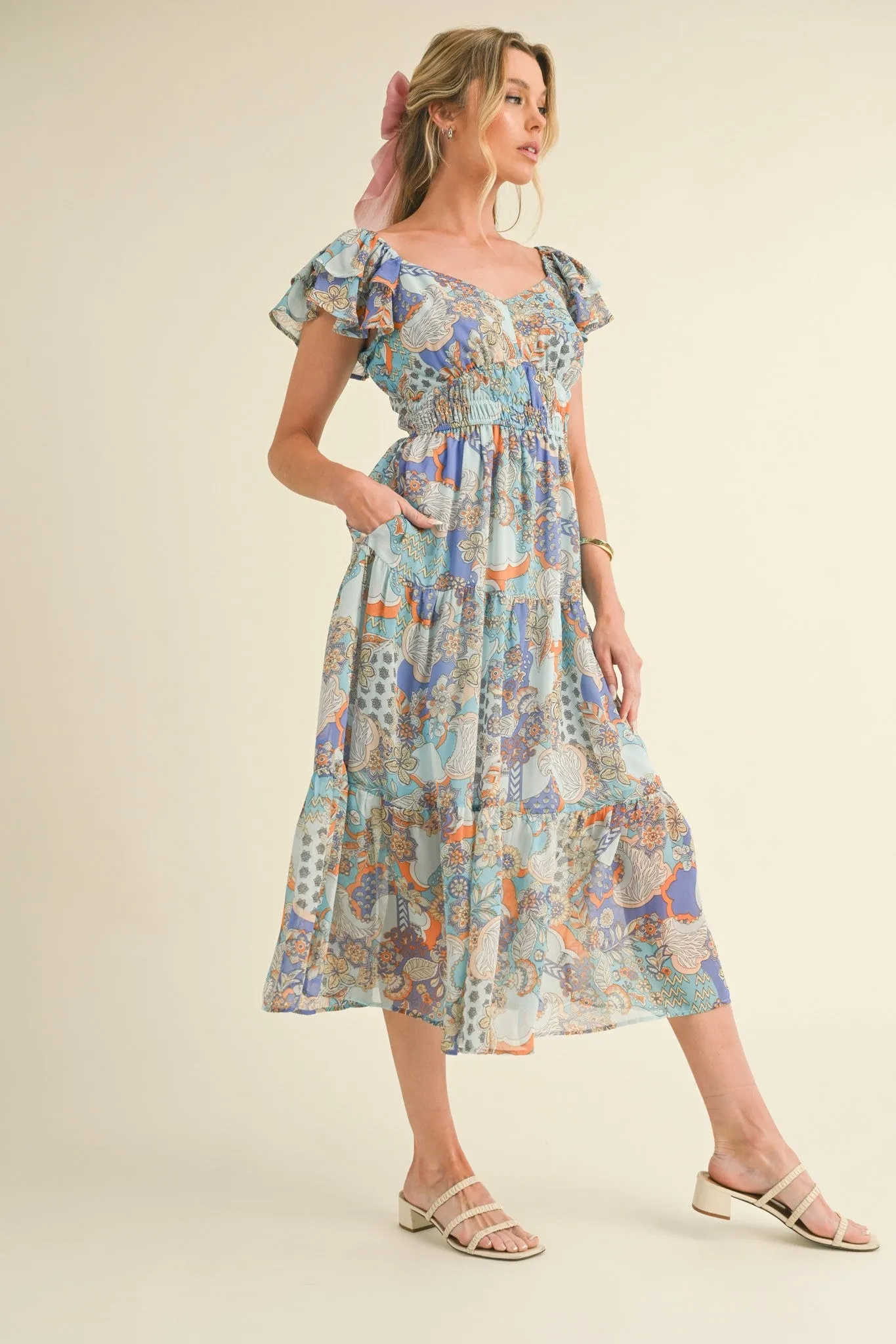 Blue Orange Paisley Cut-Out Back Midi Dress sold by Pinkblush product image thumbnail 5