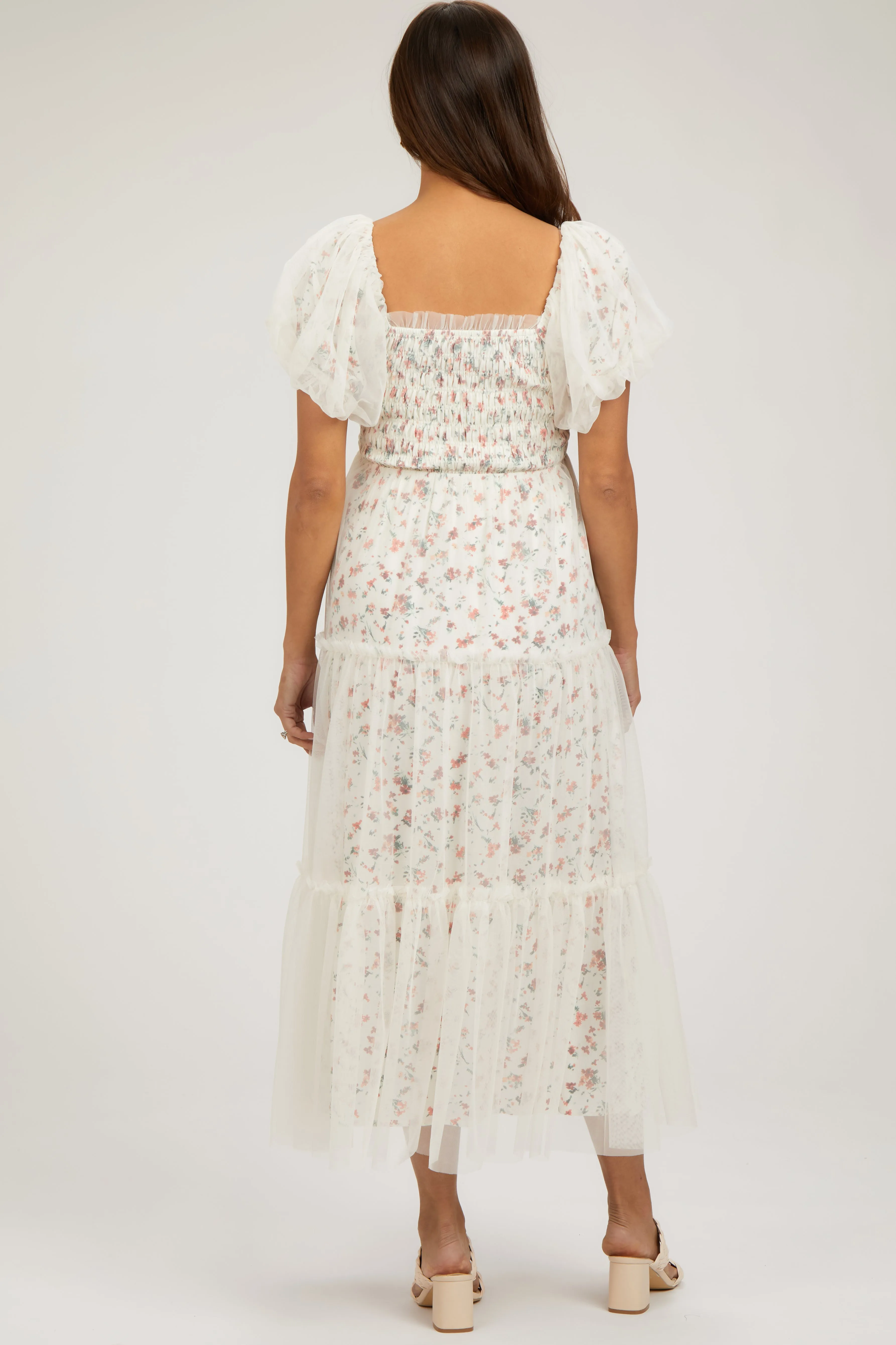 Cream Floral Lined Smocked Tulle Maternity Midi Dress sold by Pinkblush product image thumbnail 4