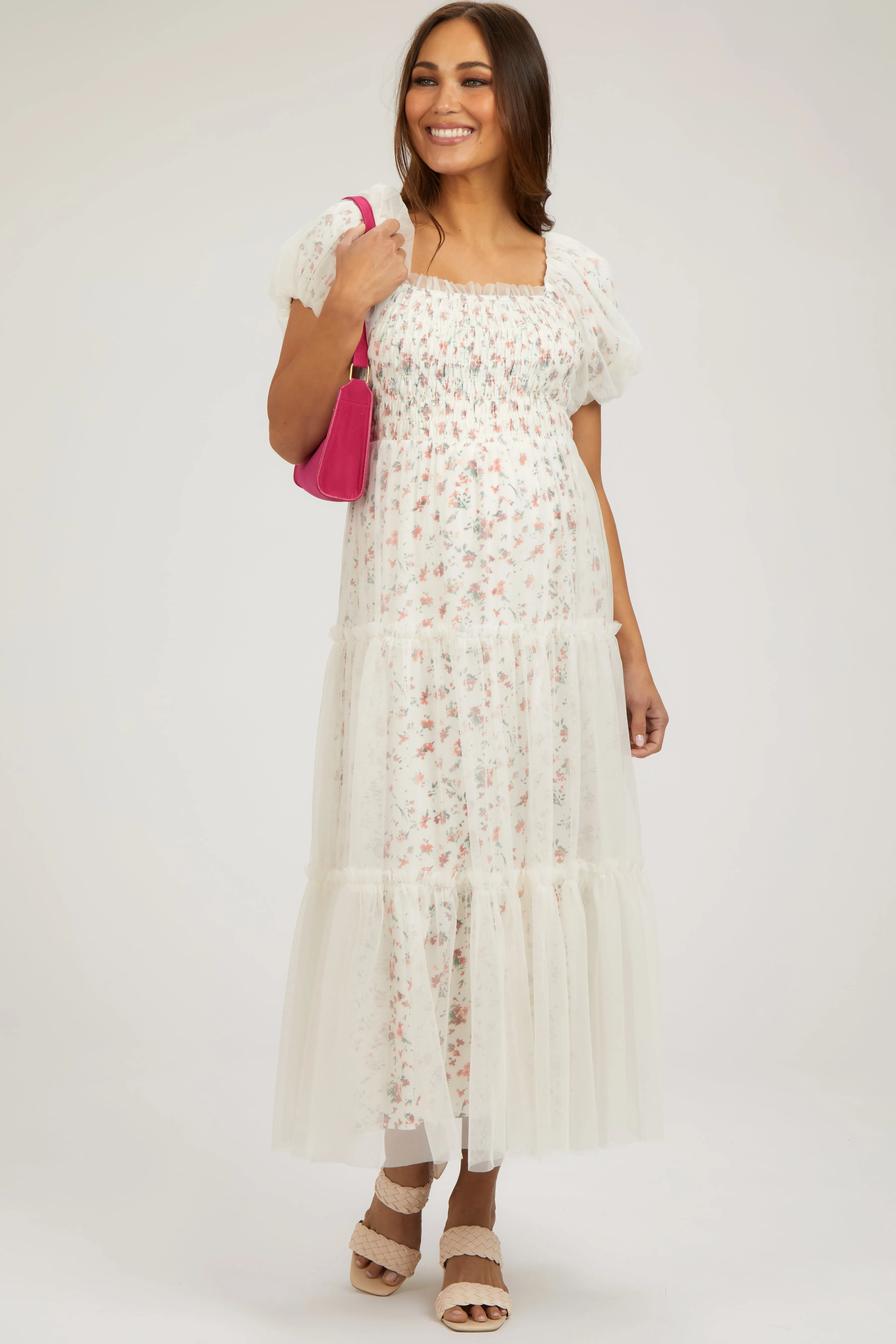 Cream Floral Lined Smocked Tulle Maternity Midi Dress sold by Pinkblush