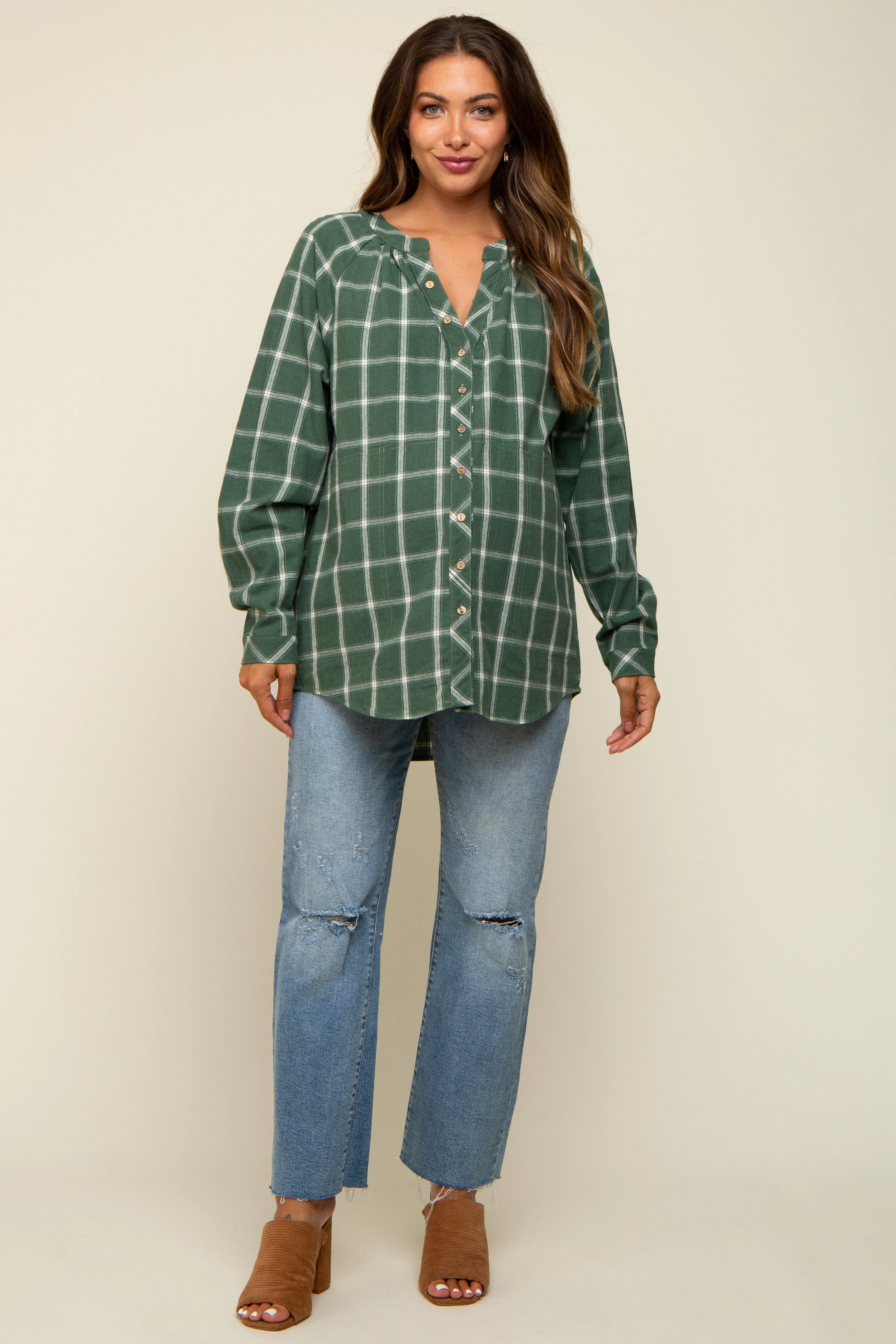Green Plaid Button Down Long Sleeve Maternity Top sold by Pinkblush