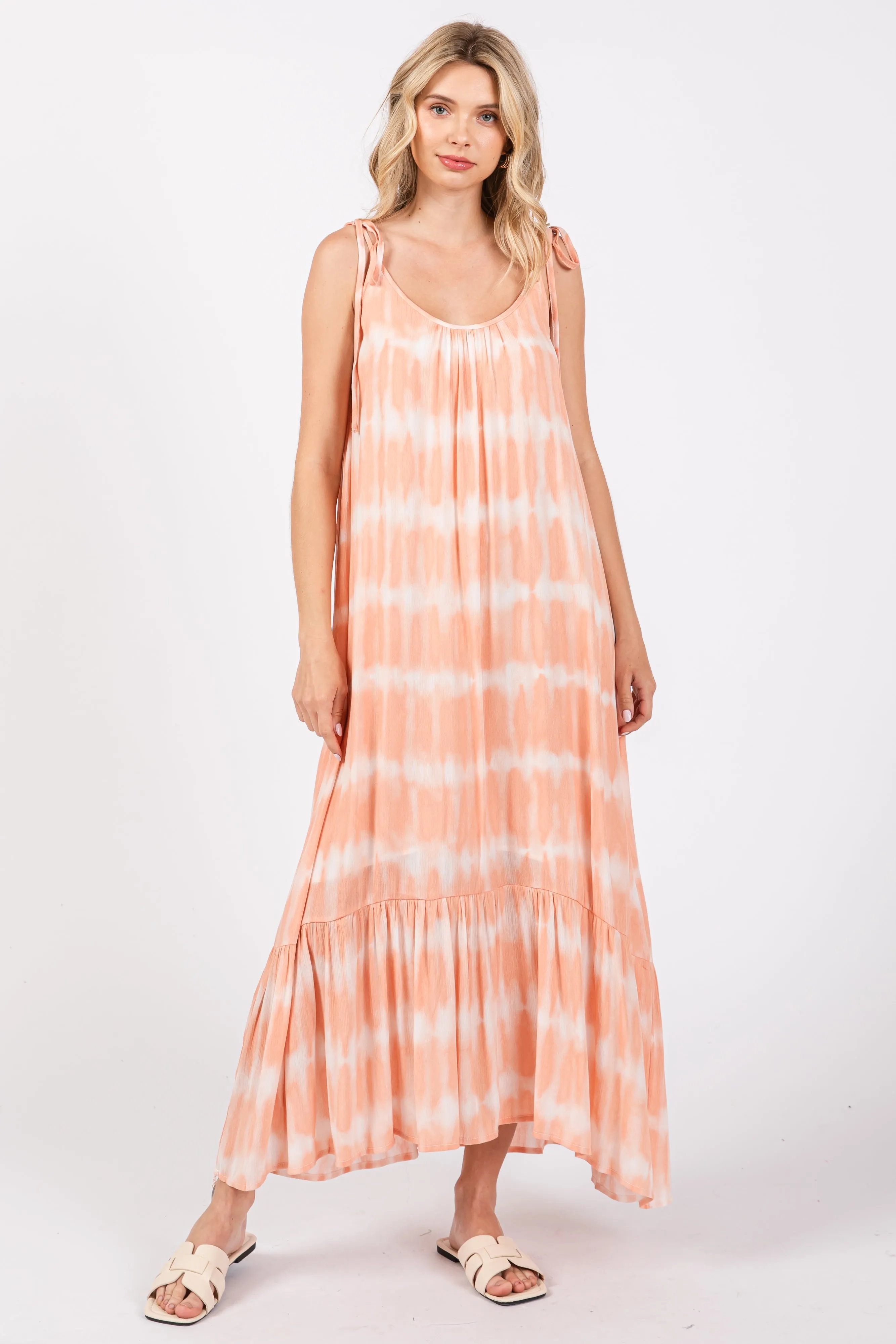 Peach Tie Dye Tie Strap Midi Dress sold by Pinkblush