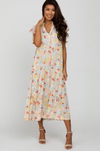Beige Floral Ruffle Accent Maternity Midi Dress sold by Pinkblush