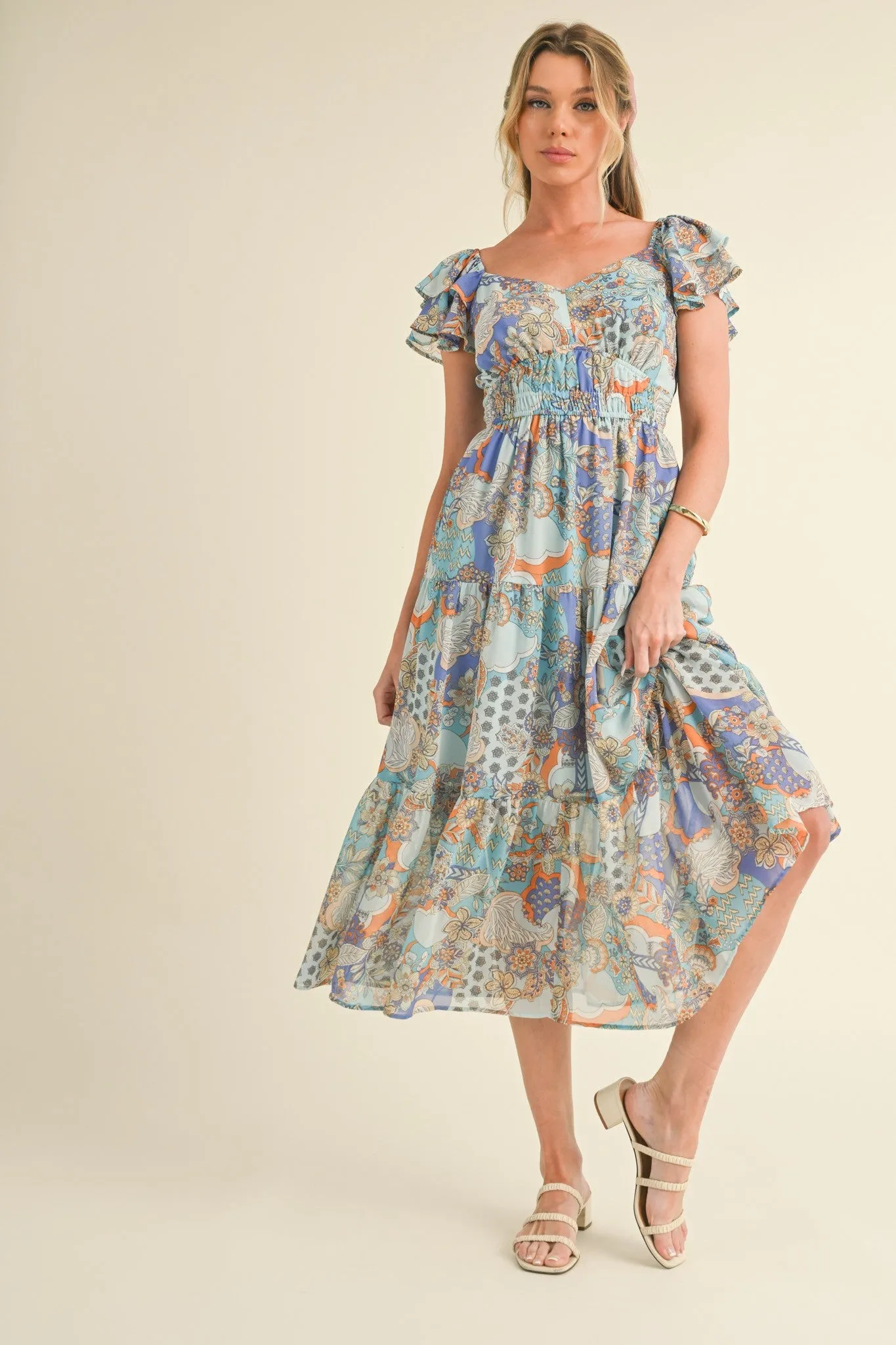 Blue Orange Paisley Cut-Out Back Midi Dress sold by Pinkblush product image thumbnail 3