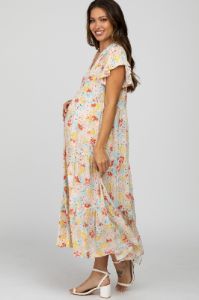 Beige Floral Ruffle Accent Maternity Midi Dress sold by Pinkblush