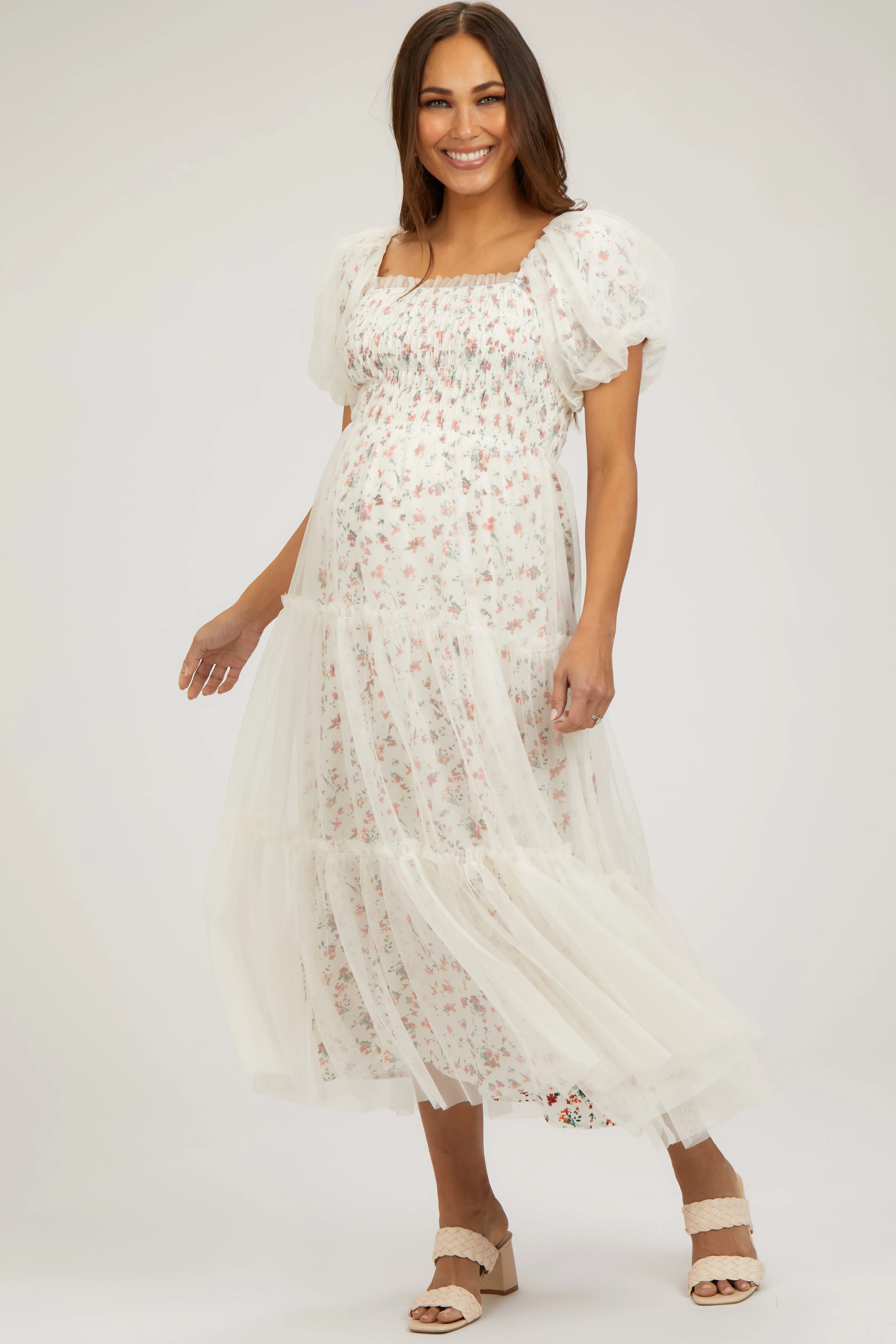 Cream Floral Lined Smocked Tulle Maternity Midi Dress sold by Pinkblush product image thumbnail 2
