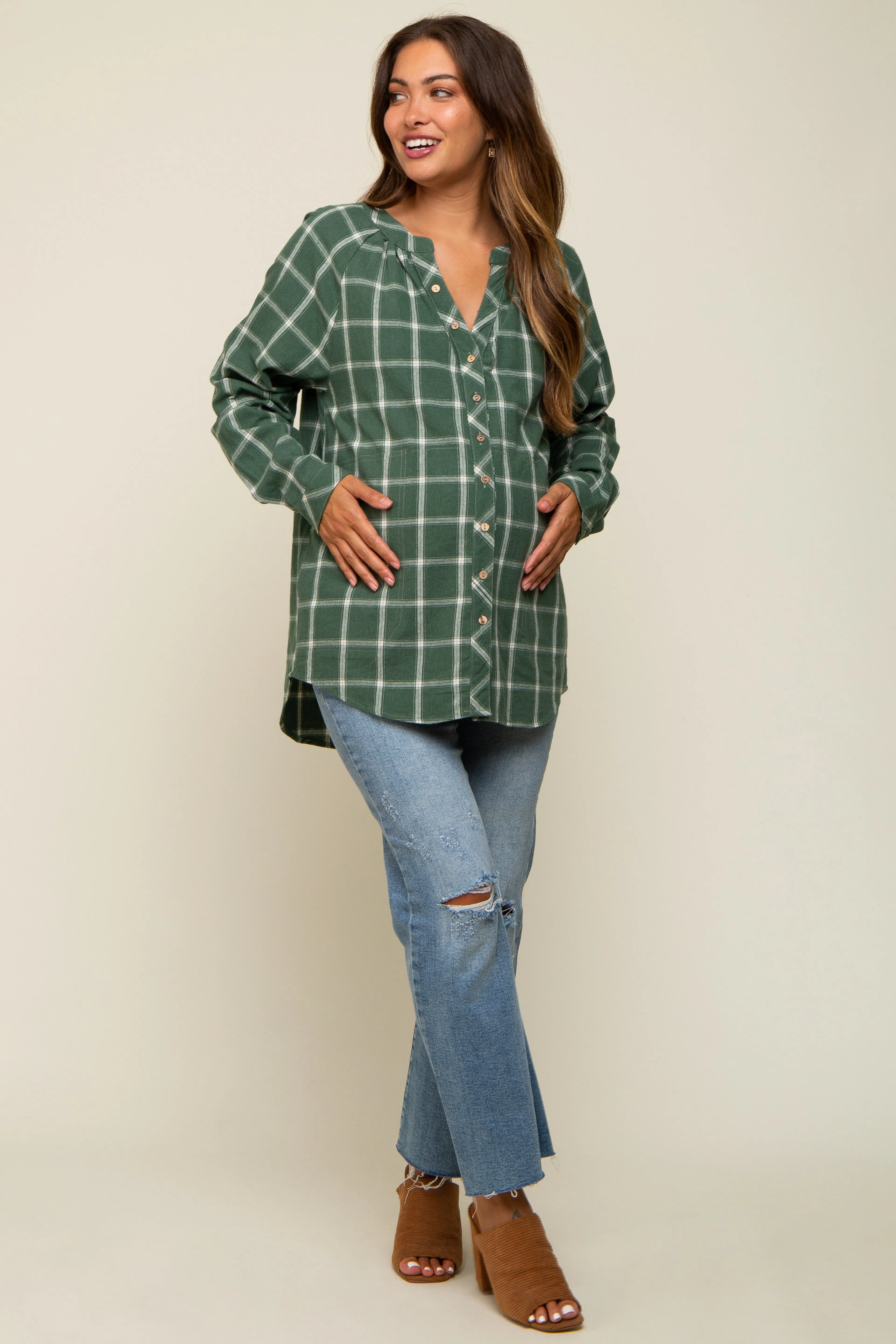 Green Plaid Button Down Long Sleeve Maternity Top sold by Pinkblush product image thumbnail 5
