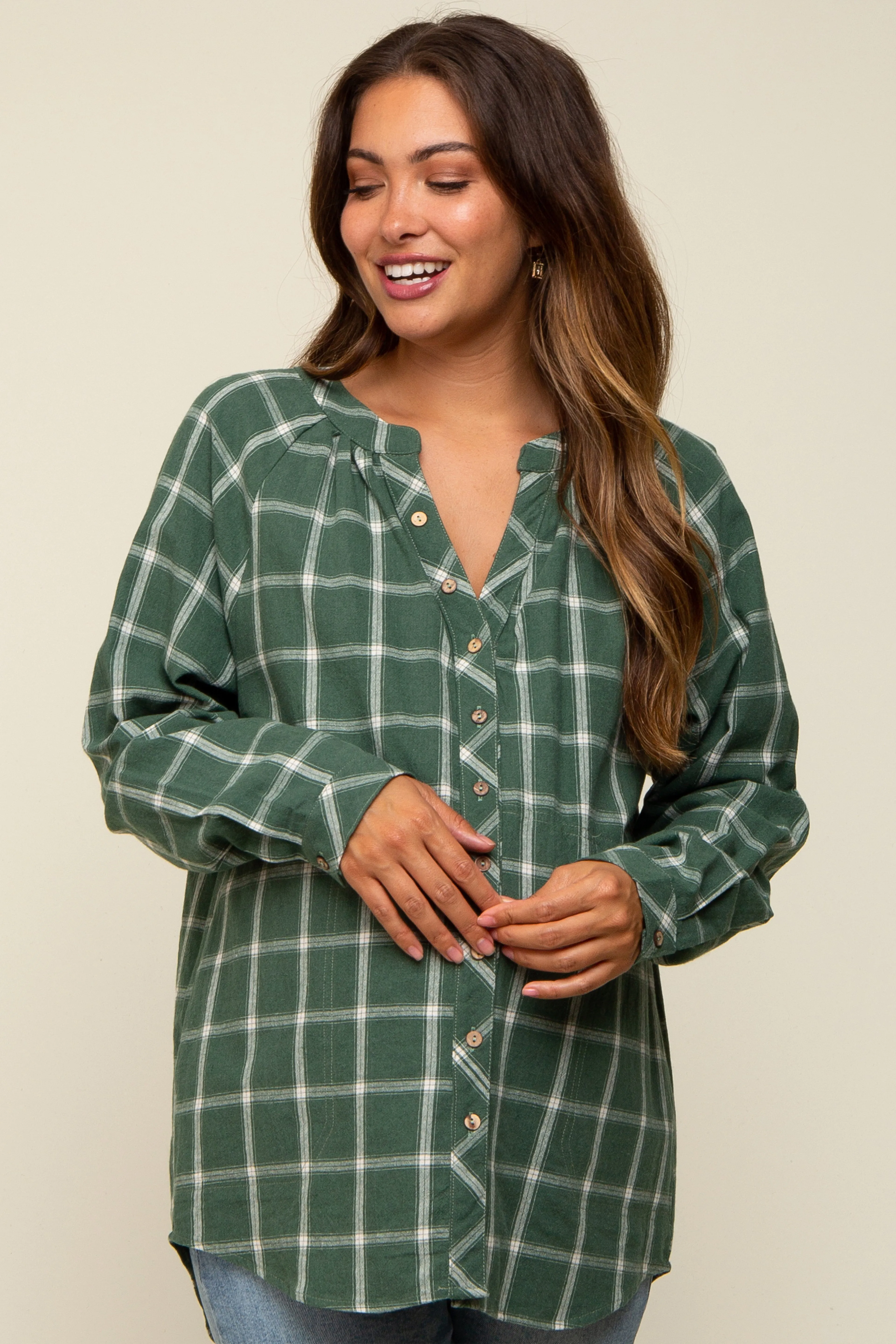 Green Plaid Button Down Long Sleeve Maternity Top sold by Pinkblush product image thumbnail 2