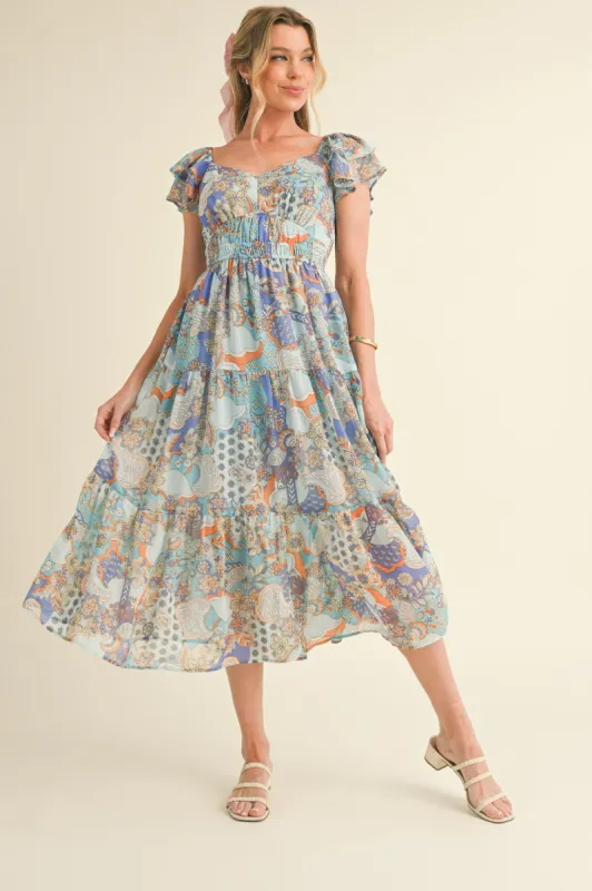 Blue Orange Paisley Cut-Out Back Midi Dress sold by Pinkblush