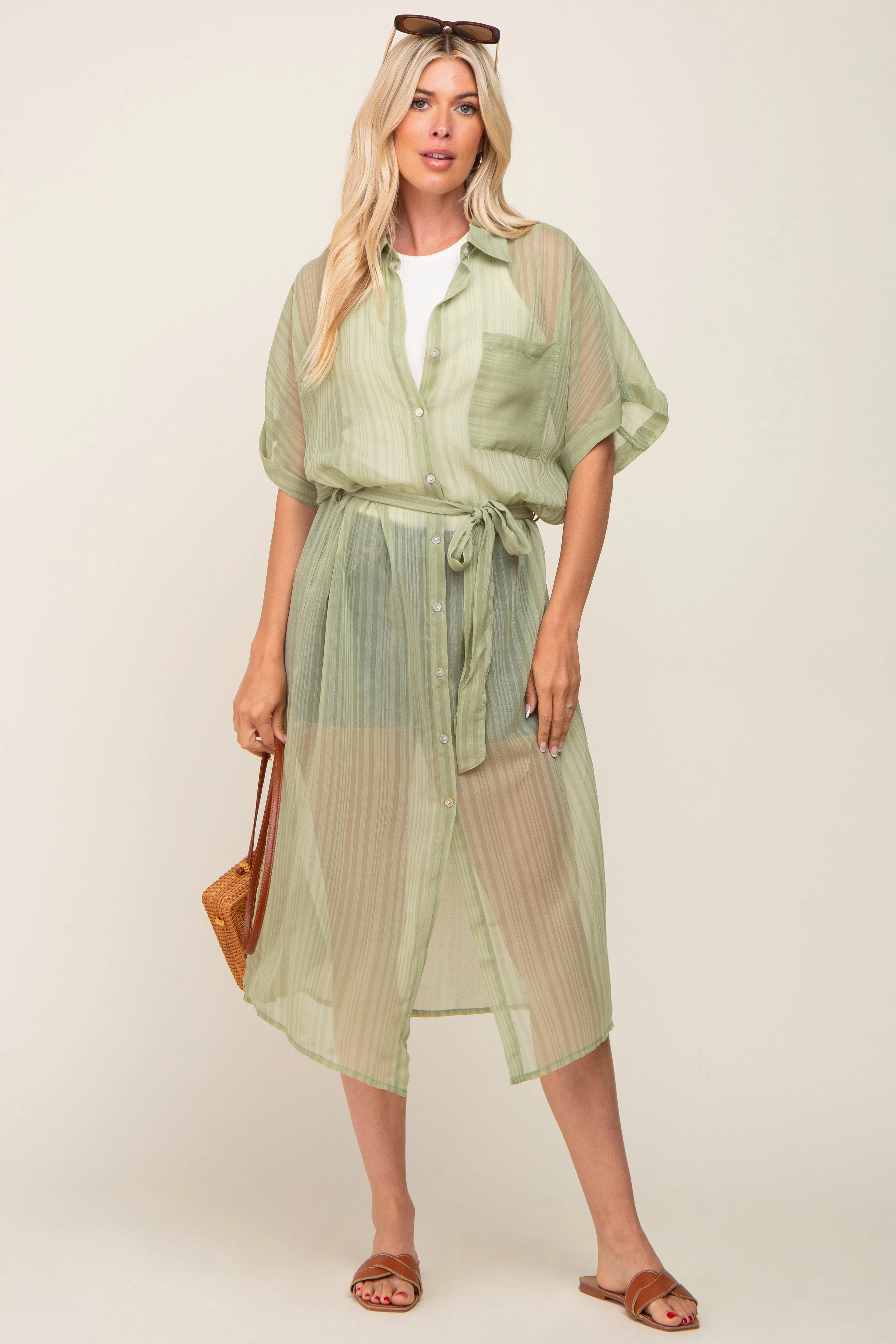 Sage Striped Sheer Button Down Maternity Cover Up sold by Pinkblush product image thumbnail 5