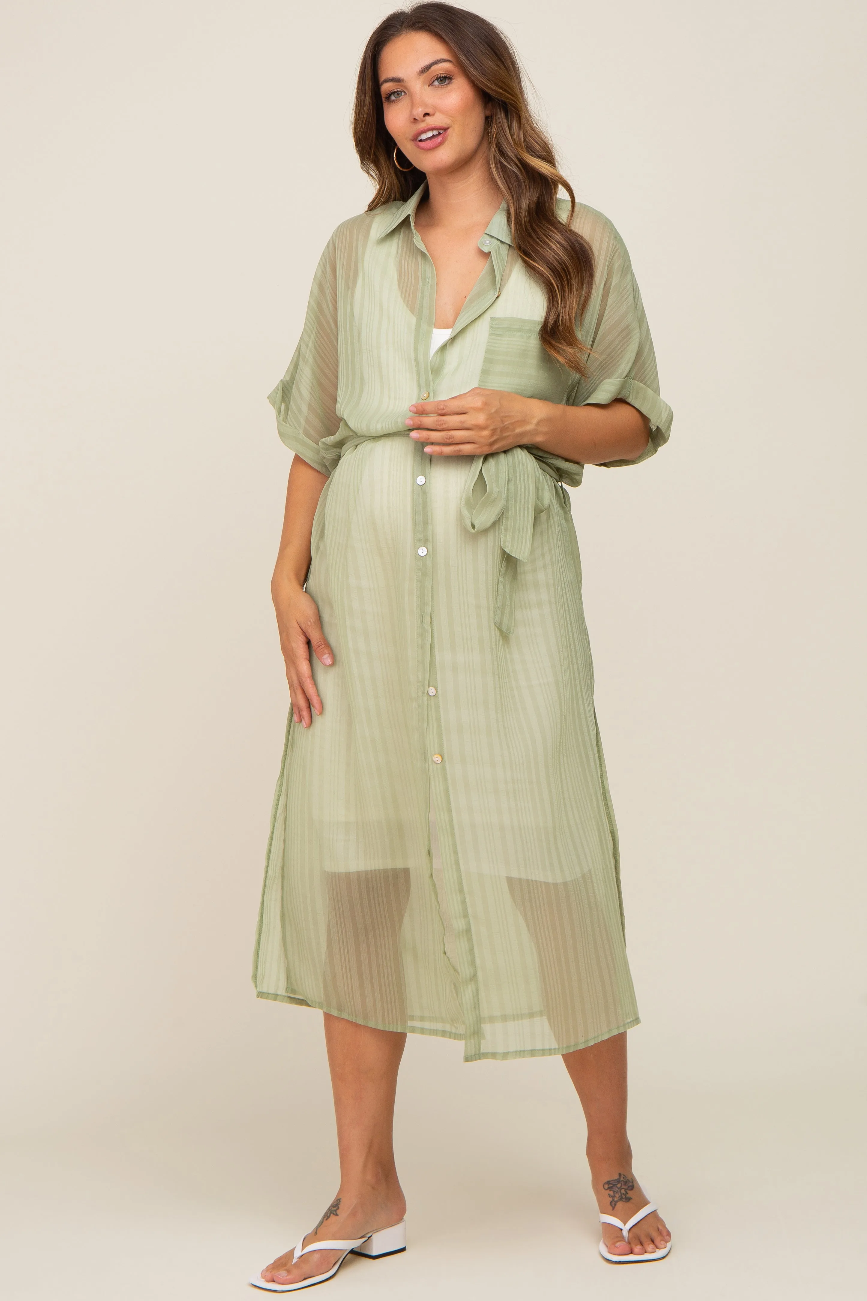 Sage Striped Sheer Button Down Maternity Cover Up sold by Pinkblush product image thumbnail 2