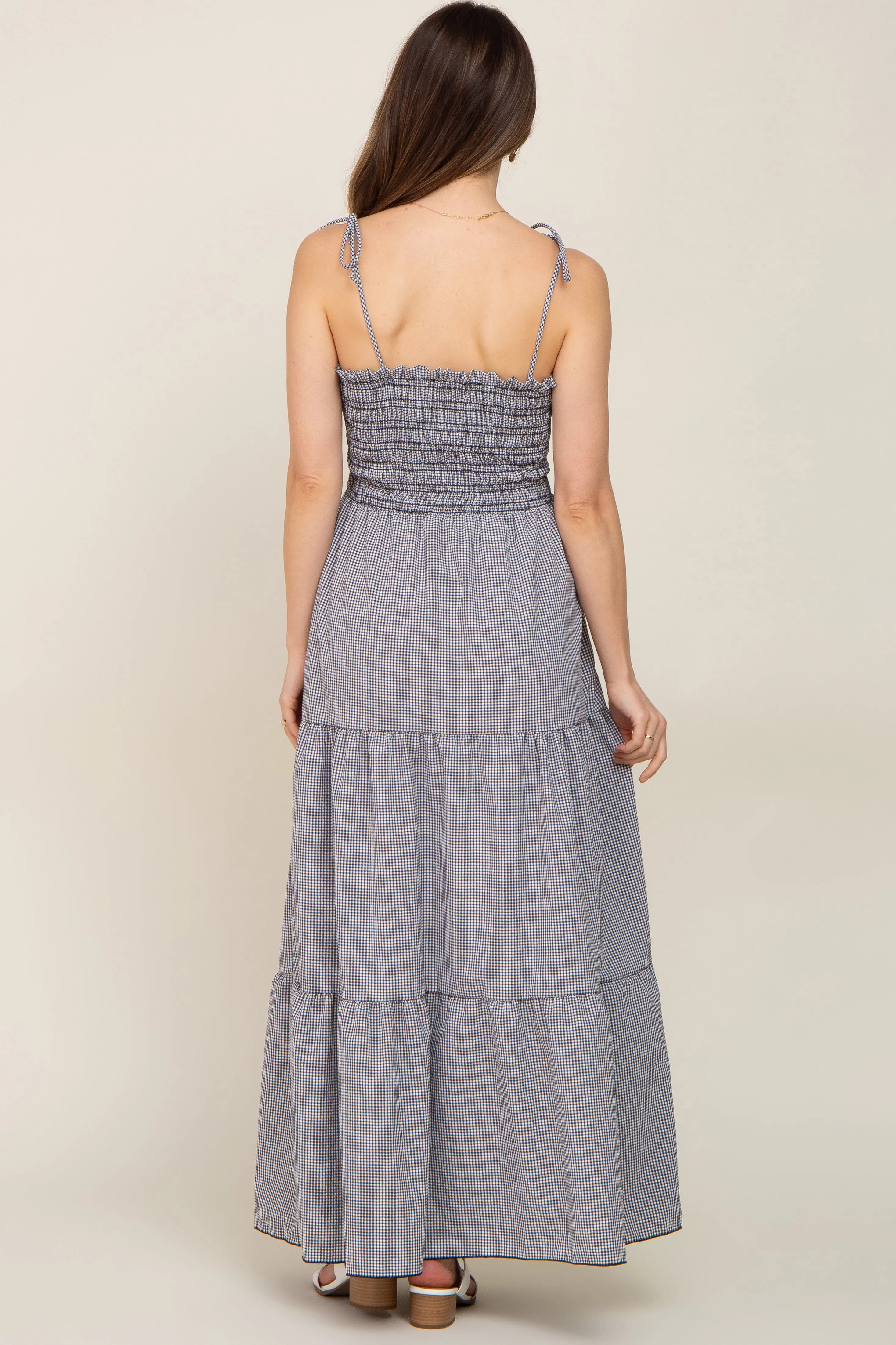 Black Gingham Smocked Shoulder Tie Tiered Maternity Maxi Dress sold by Pinkblush product image thumbnail 3