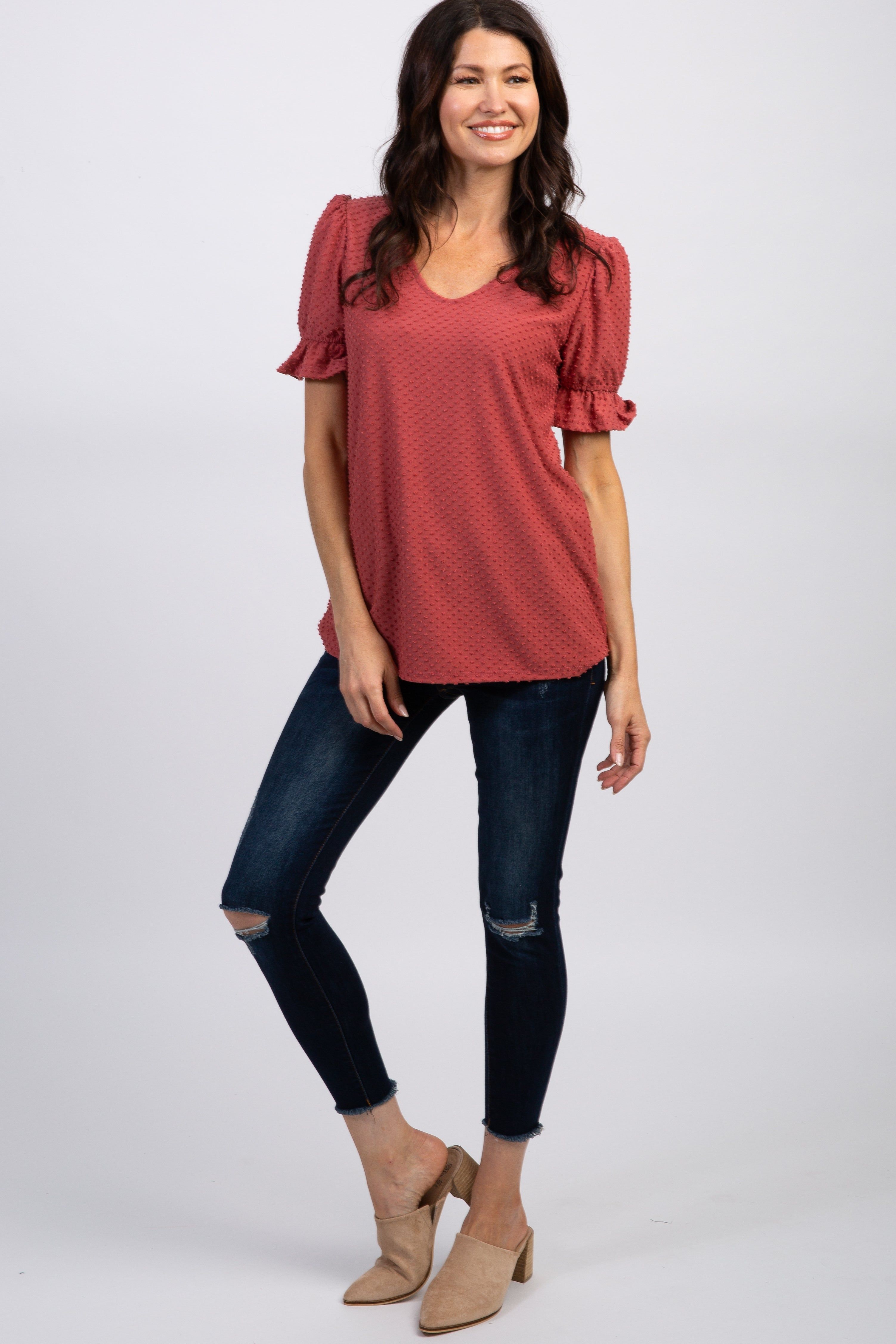 Mauve Swiss Dot Puff Ruffle Short Sleeve Top sold by Pinkblush product image thumbnail 4