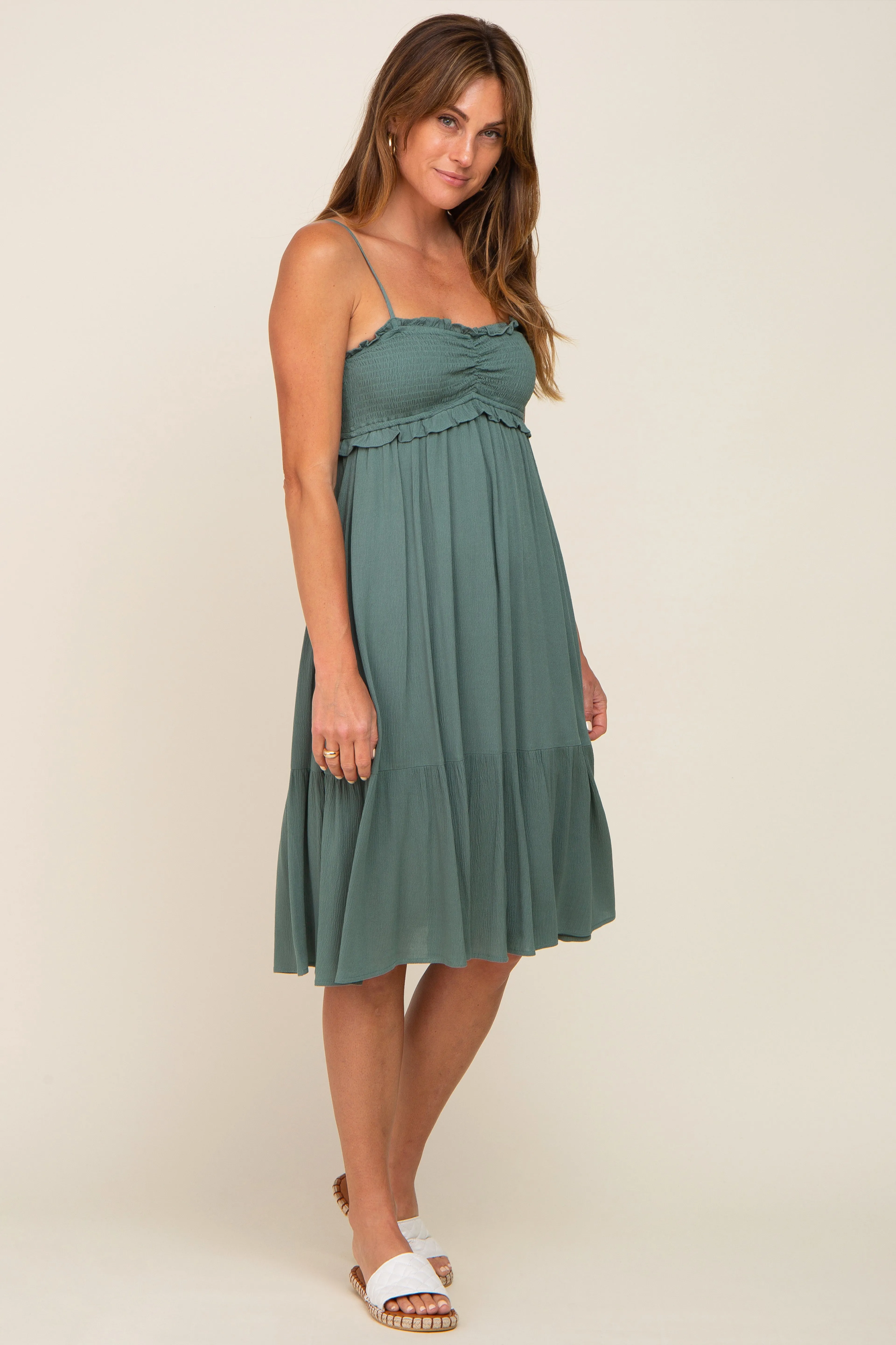 Light Olive Smocked Ruffle Accent Midi Dress sold by Pinkblush product image thumbnail 2