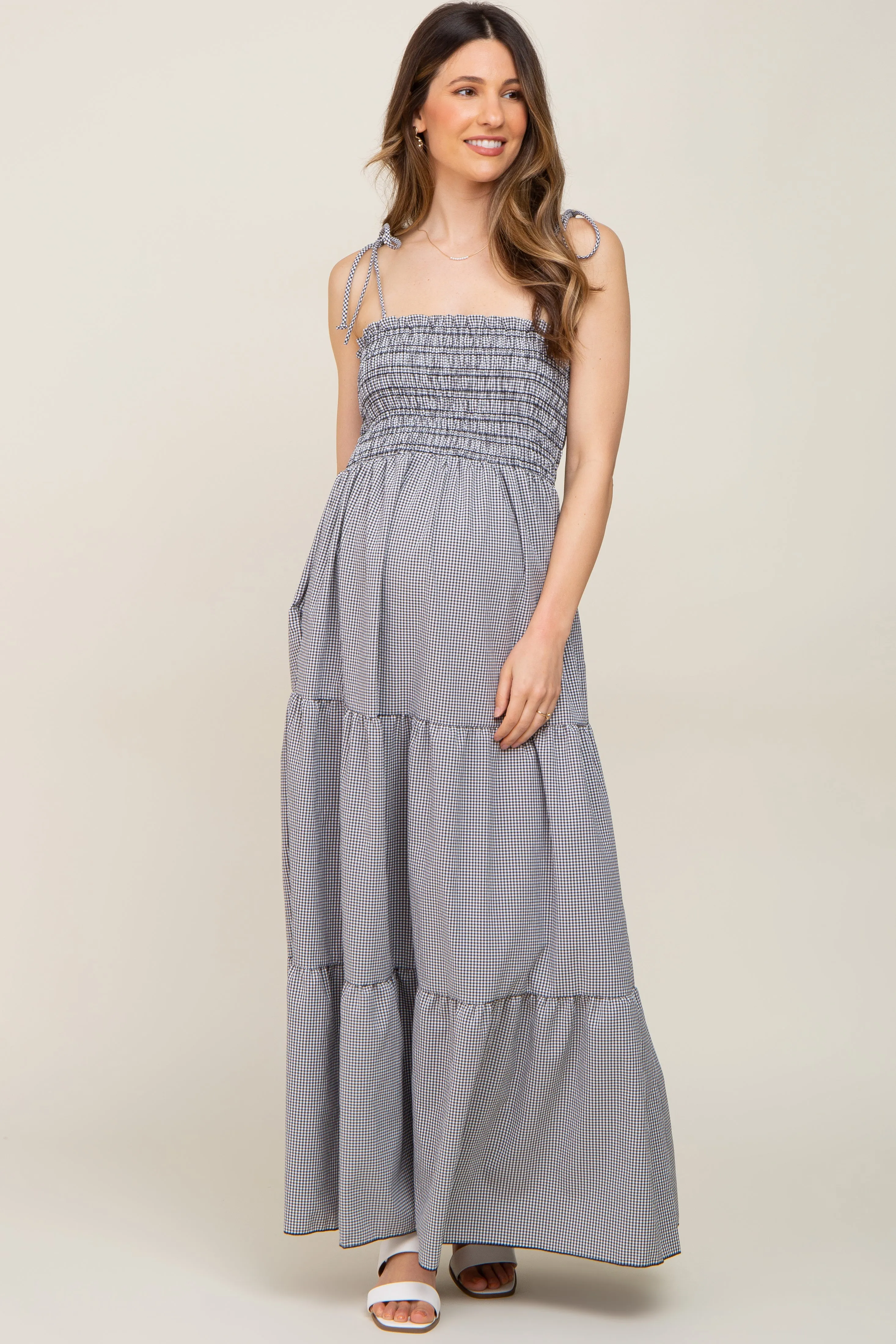 Black Gingham Smocked Shoulder Tie Tiered Maternity Maxi Dress sold by Pinkblush product image thumbnail 4