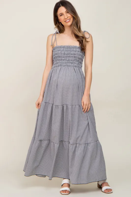 Black Gingham Smocked Shoulder Tie Tiered Maternity Maxi Dress sold by Pinkblush