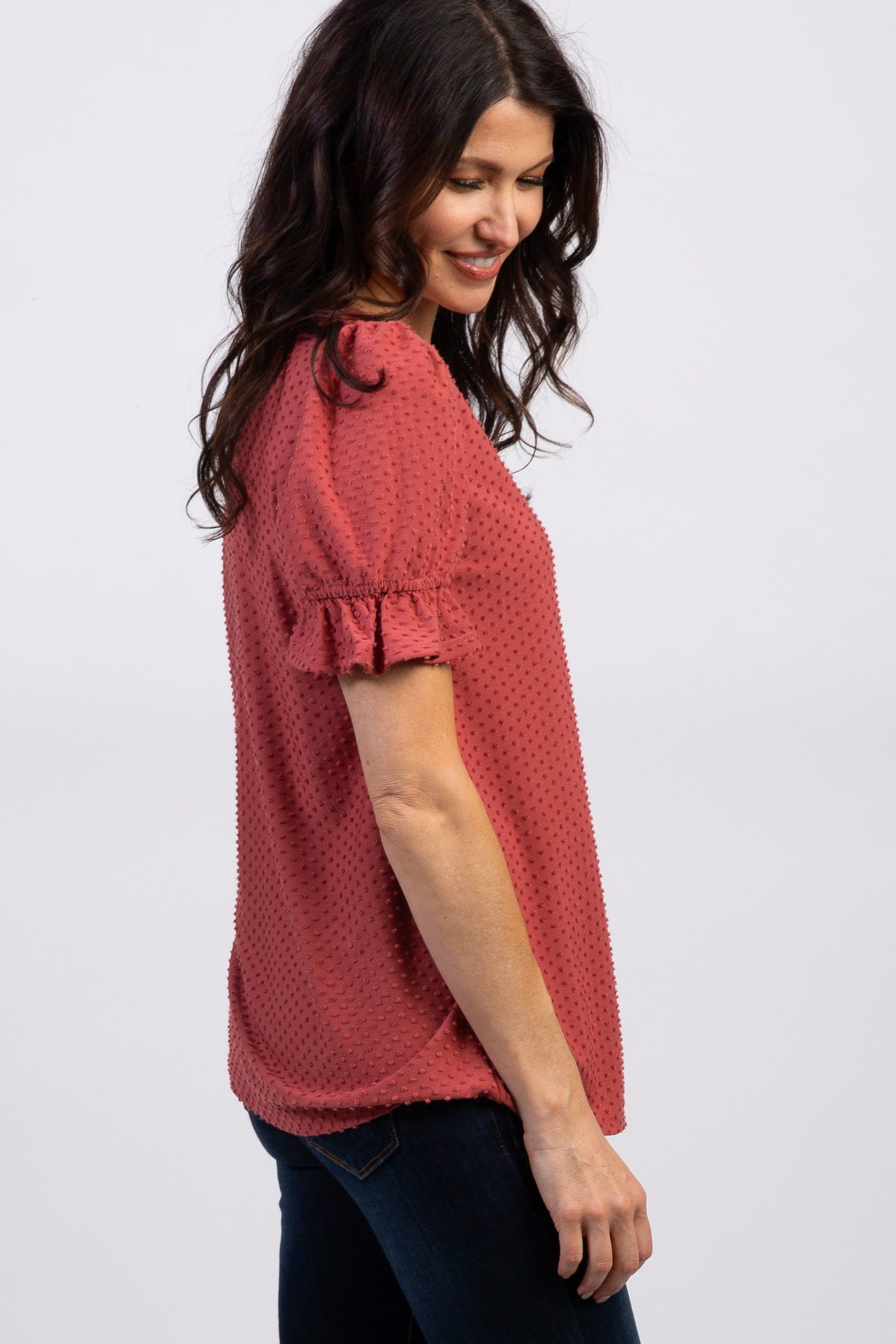 Mauve Swiss Dot Puff Ruffle Short Sleeve Top sold by Pinkblush product image thumbnail 5