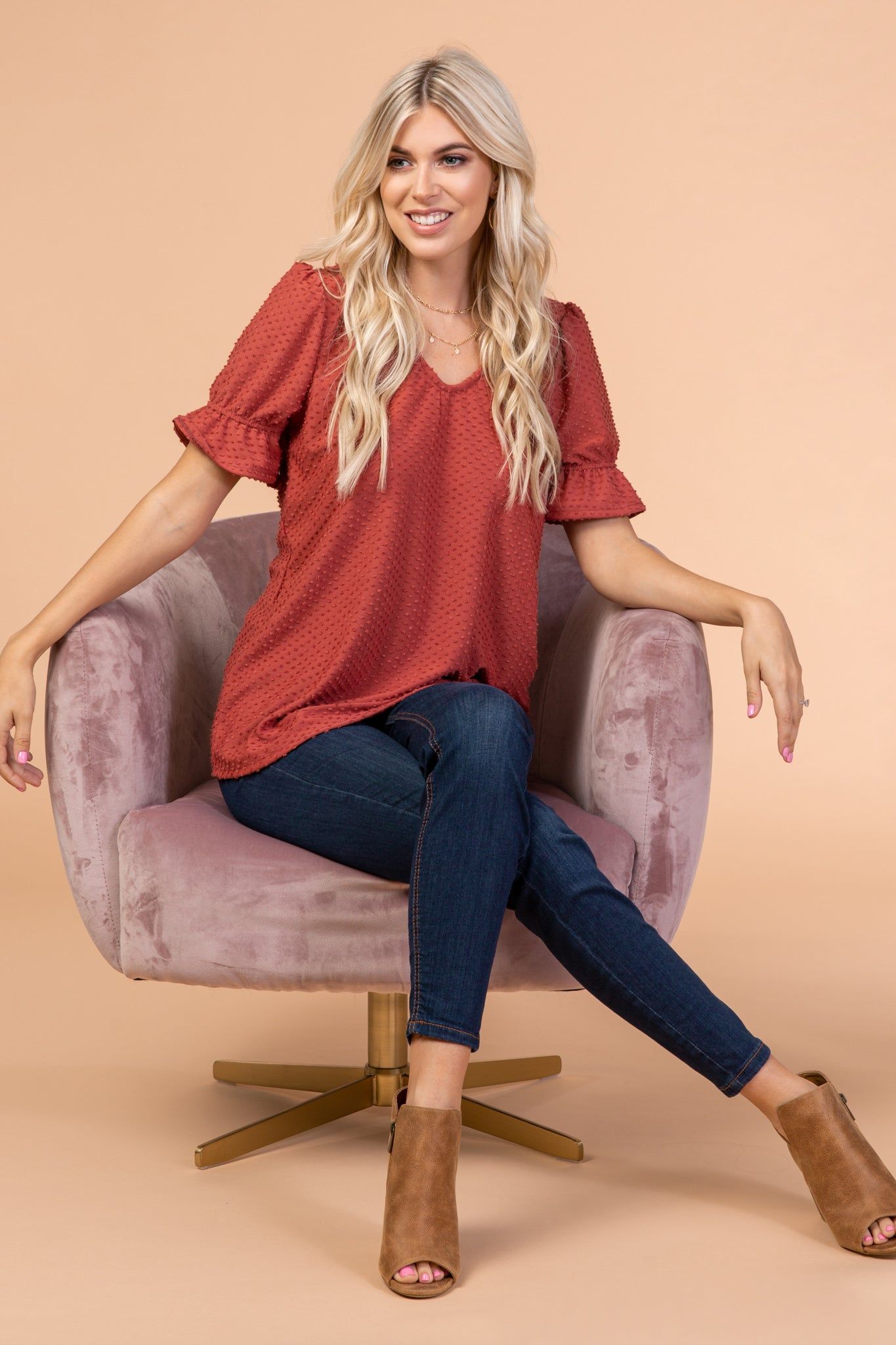 Mauve Swiss Dot Puff Ruffle Short Sleeve Top sold by Pinkblush product image thumbnail 2