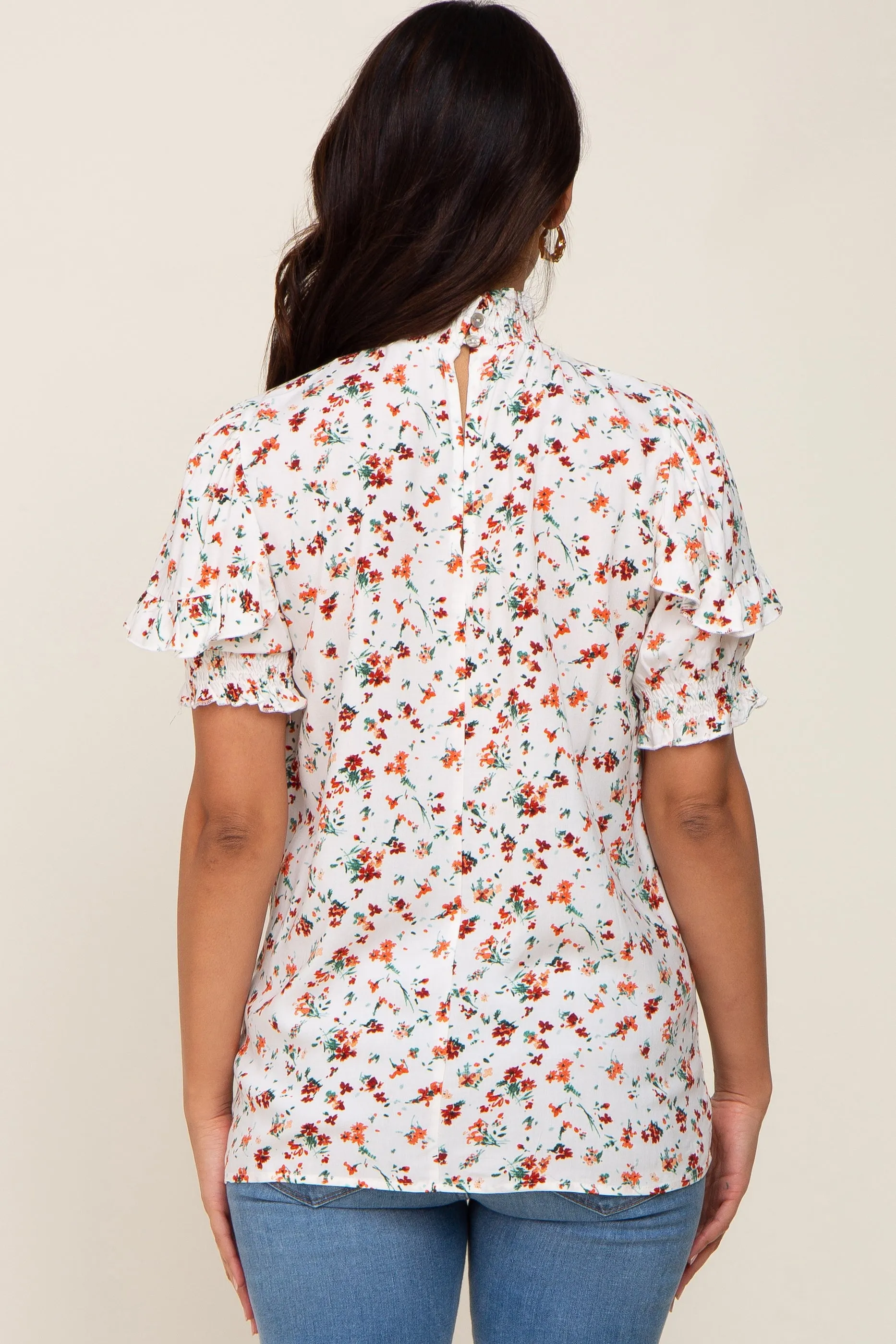 Orange Floral Ruffle Mock Neck Maternity Blouse sold by Pinkblush product image thumbnail 3