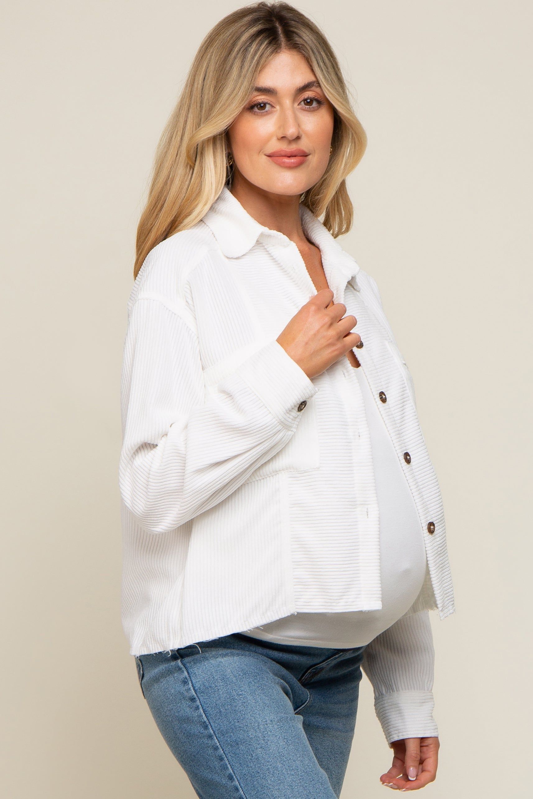 White Corduroy Raw Hem Maternity Shacket sold by Pinkblush product image thumbnail 2