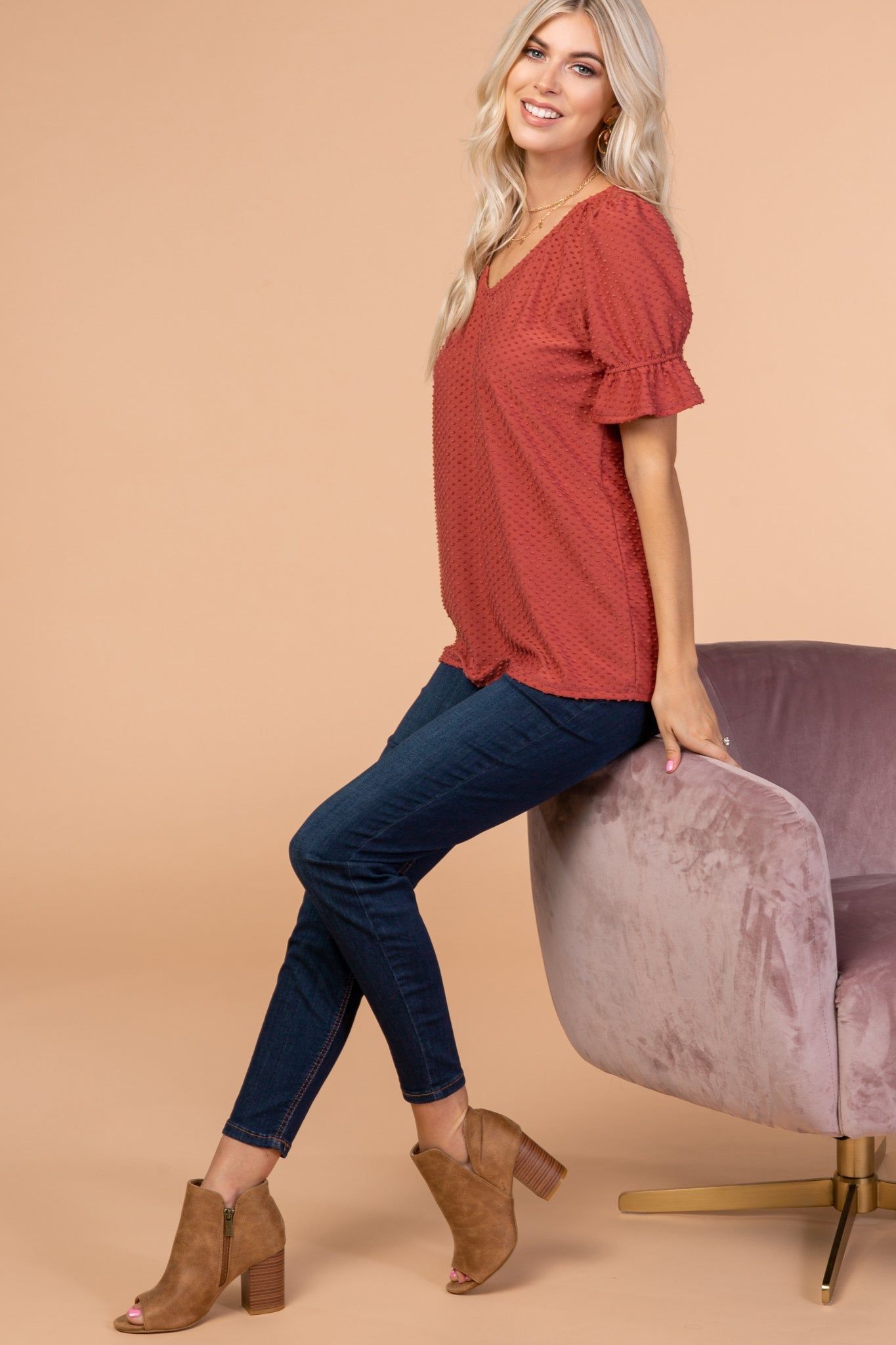 Mauve Swiss Dot Puff Ruffle Short Sleeve Top sold by Pinkblush product image thumbnail 6