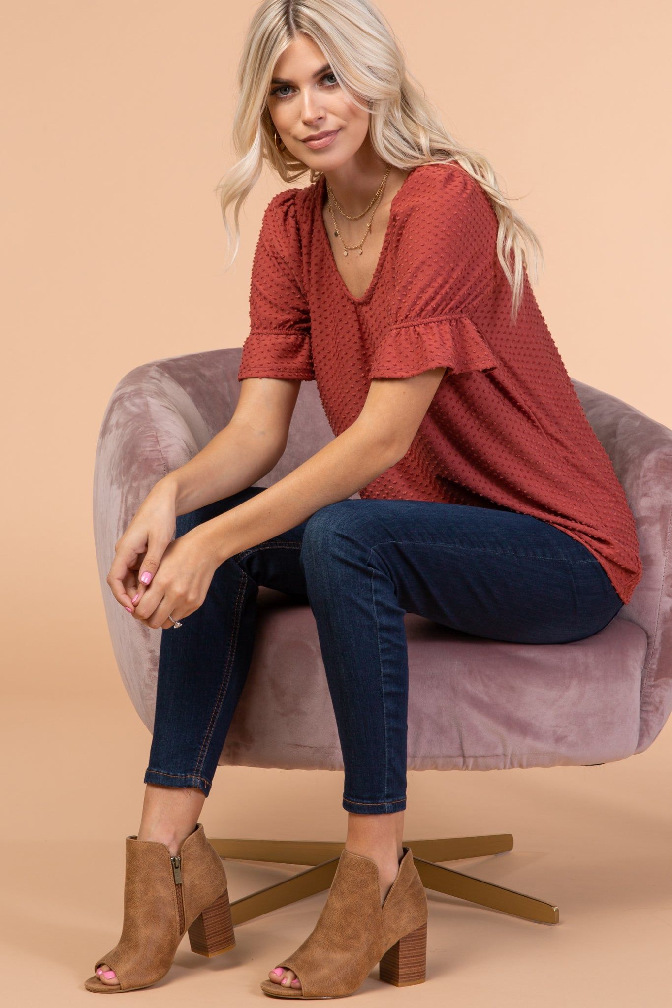 Mauve Swiss Dot Puff Ruffle Short Sleeve Top sold by Pinkblush product image thumbnail 3