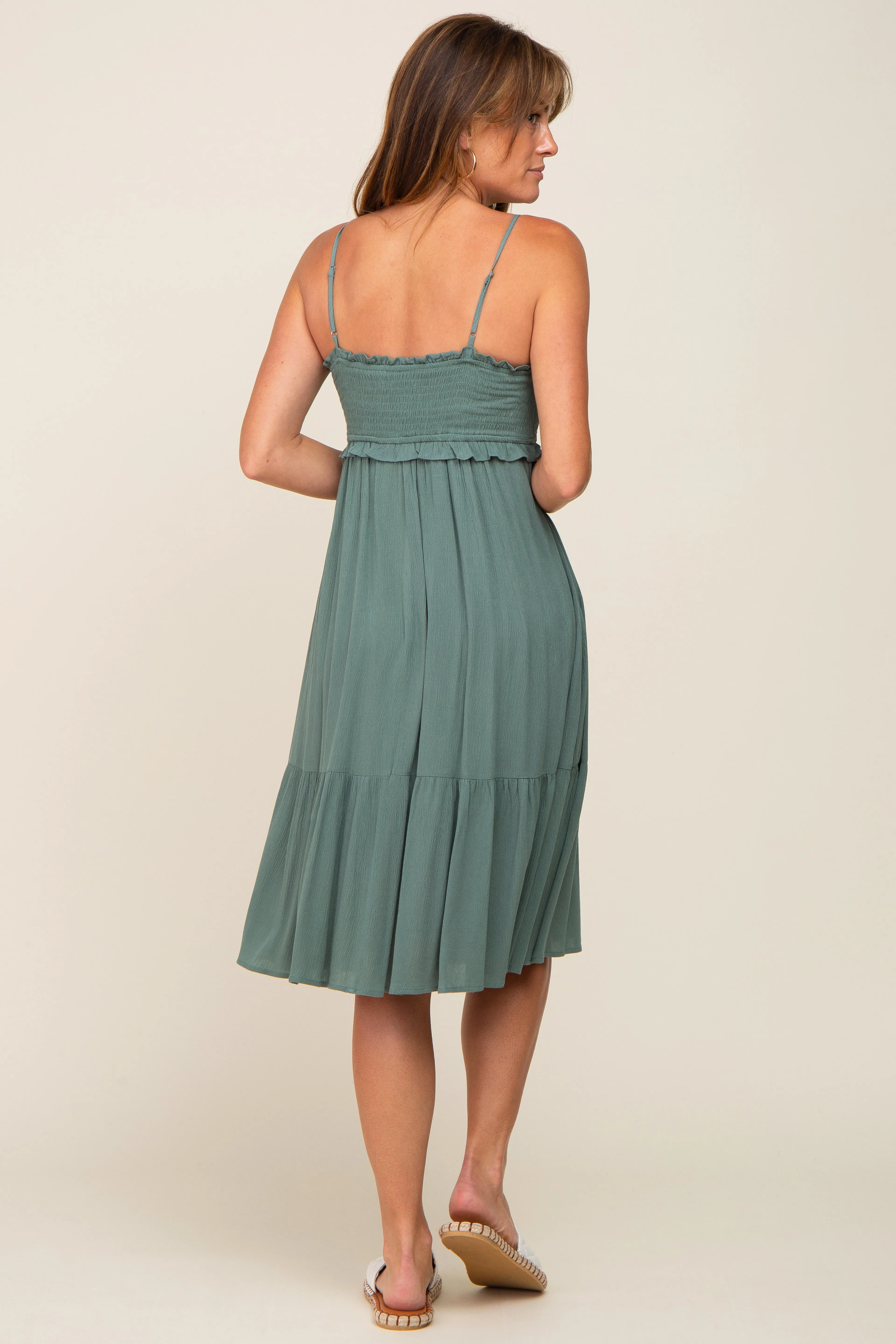 Light Olive Smocked Ruffle Accent Midi Dress sold by Pinkblush product image thumbnail 4