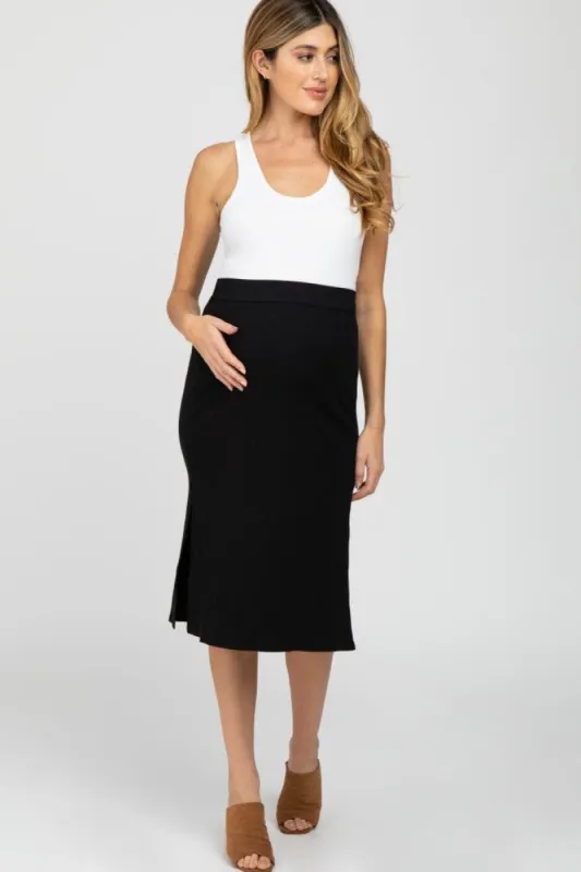 Black Ribbed Side Slit Maternity Midi Skirt sold by Pinkblush