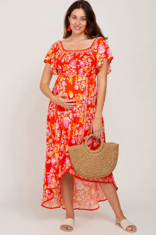 Orange Floral Off Shoulder High-Low Hem Maternity Dress sold by Pinkblush