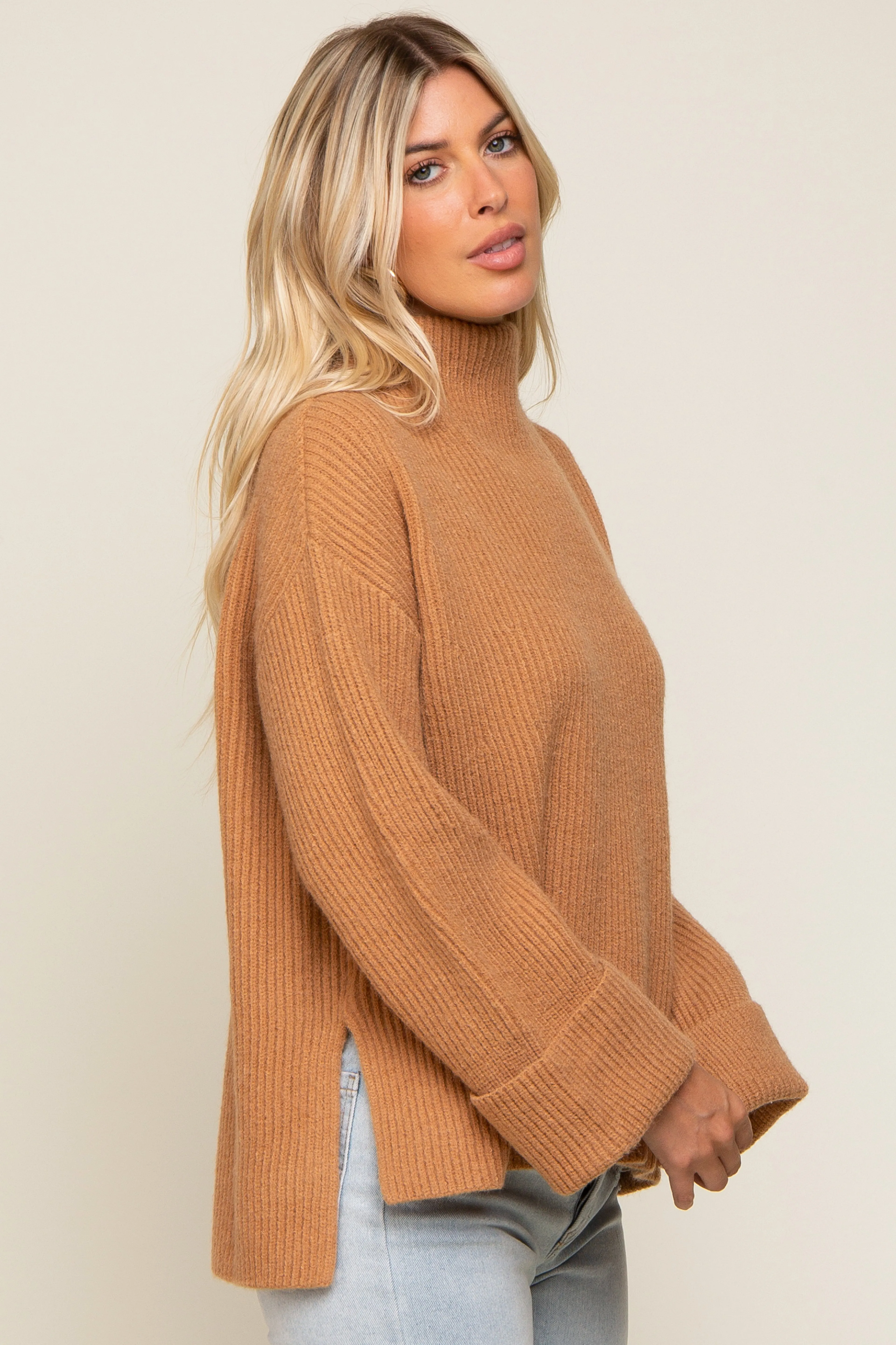 Camel Mock Neck Chunky Knit Sweater sold by Pinkblush product image thumbnail 2
