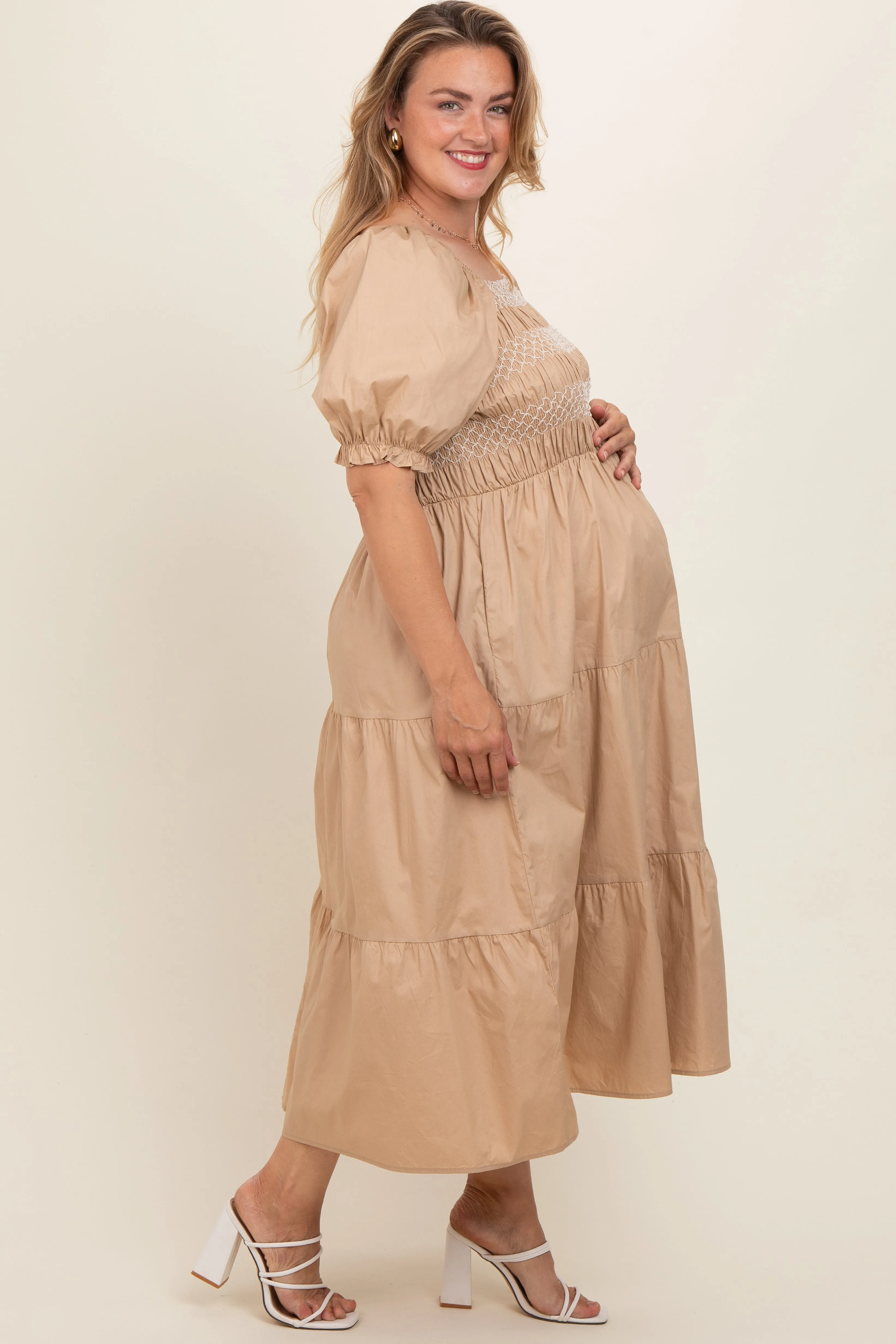 Taupe Smocked Square Neck Tiered Maternity Plus Midi Dress sold by Pinkblush product image thumbnail 3