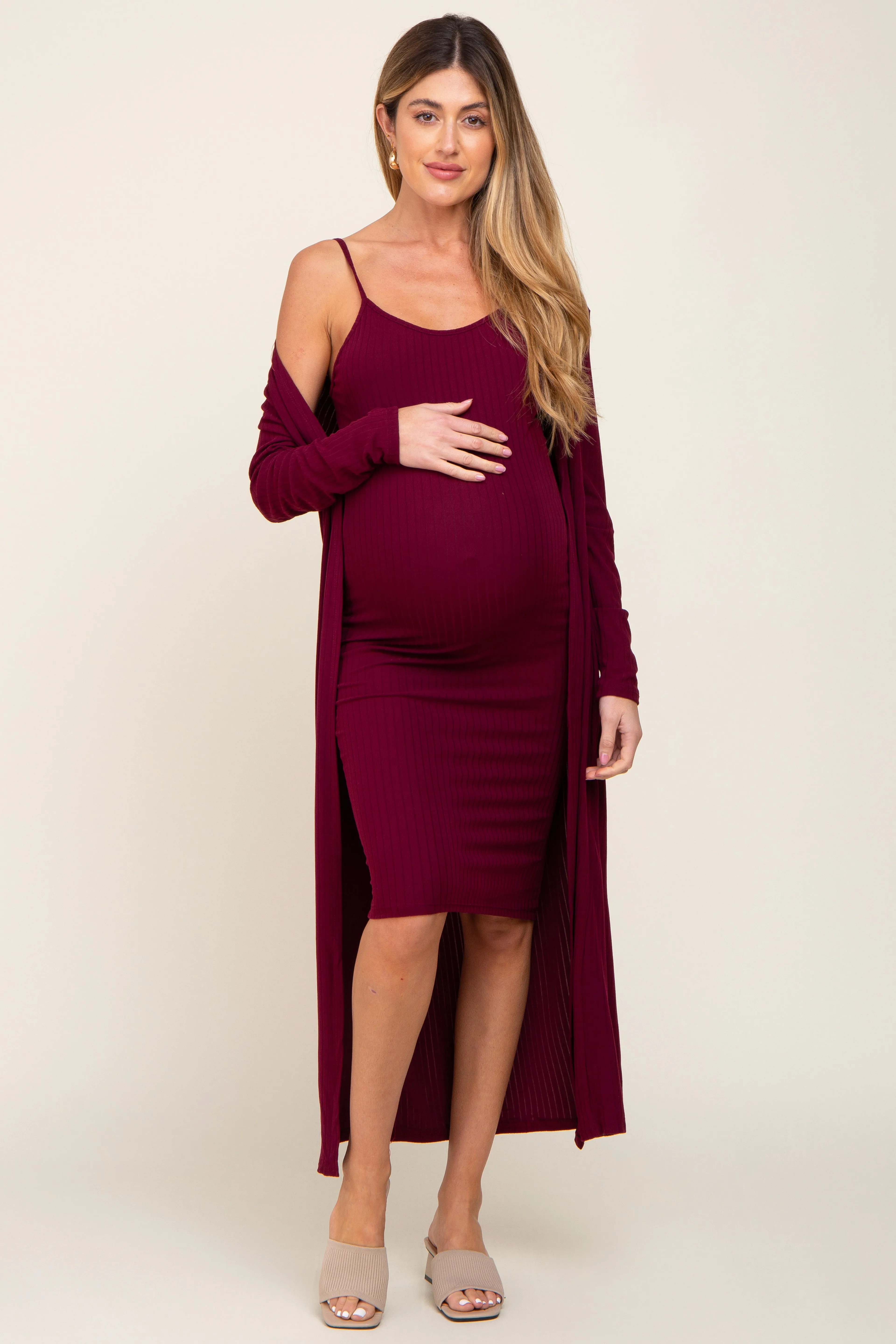 Burgundy Ribbed Cardigan 2 Piece Maternity Set sold by Pinkblush