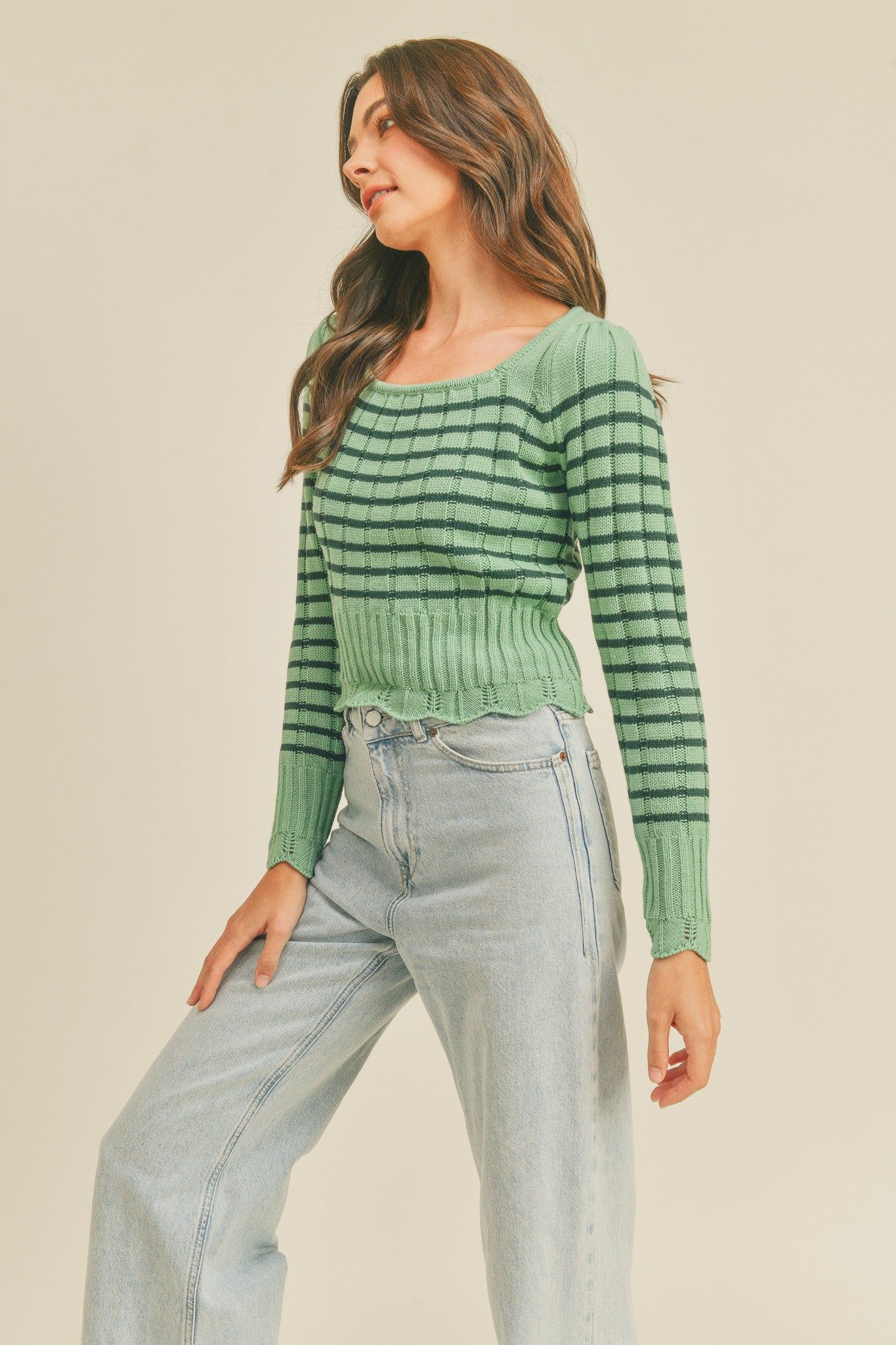 Emerald Striped Sweater With Scalloped Pointelle Hem sold by Pinkblush product image thumbnail 2