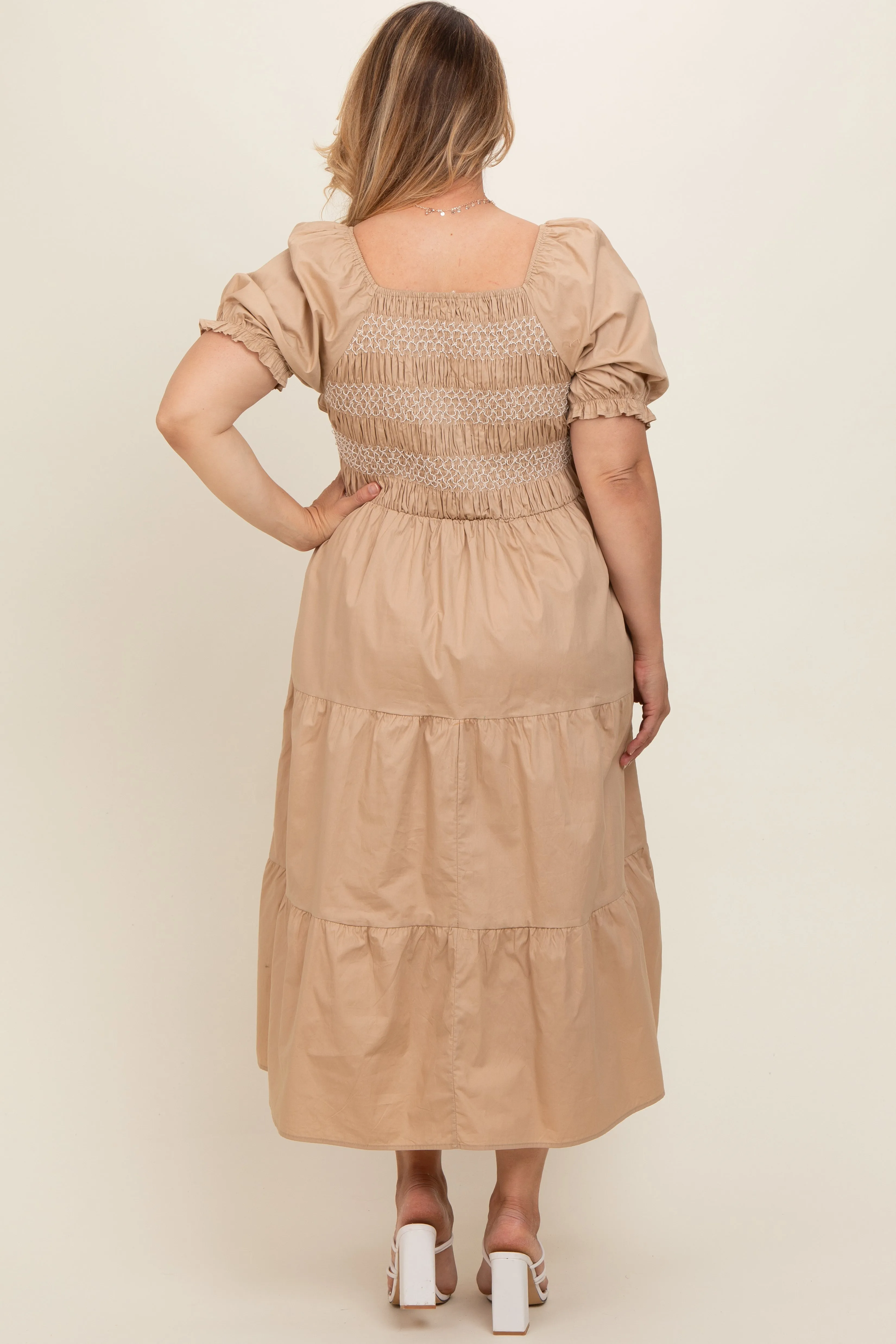 Taupe Smocked Square Neck Tiered Maternity Plus Midi Dress sold by Pinkblush product image thumbnail 4