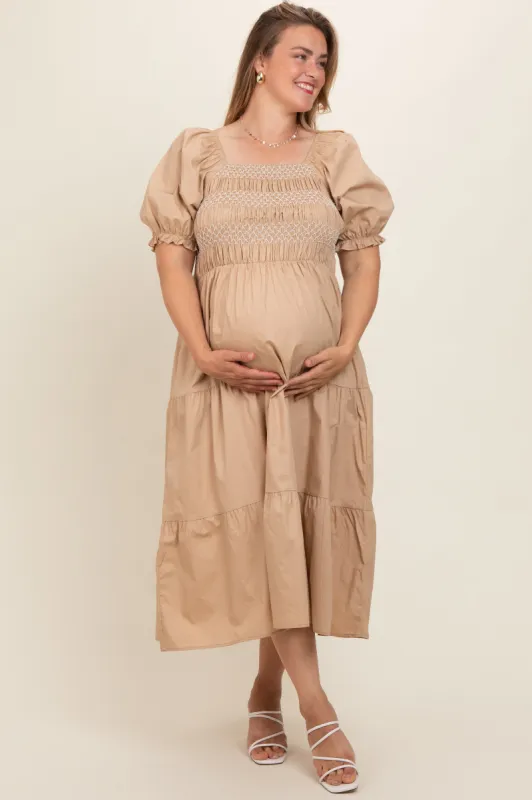 Taupe Smocked Square Neck Tiered Maternity Plus Midi Dress sold by Pinkblush