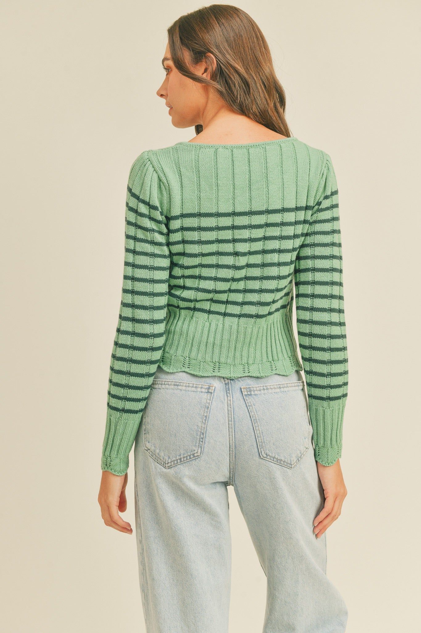 Emerald Striped Sweater With Scalloped Pointelle Hem sold by Pinkblush product image thumbnail 3