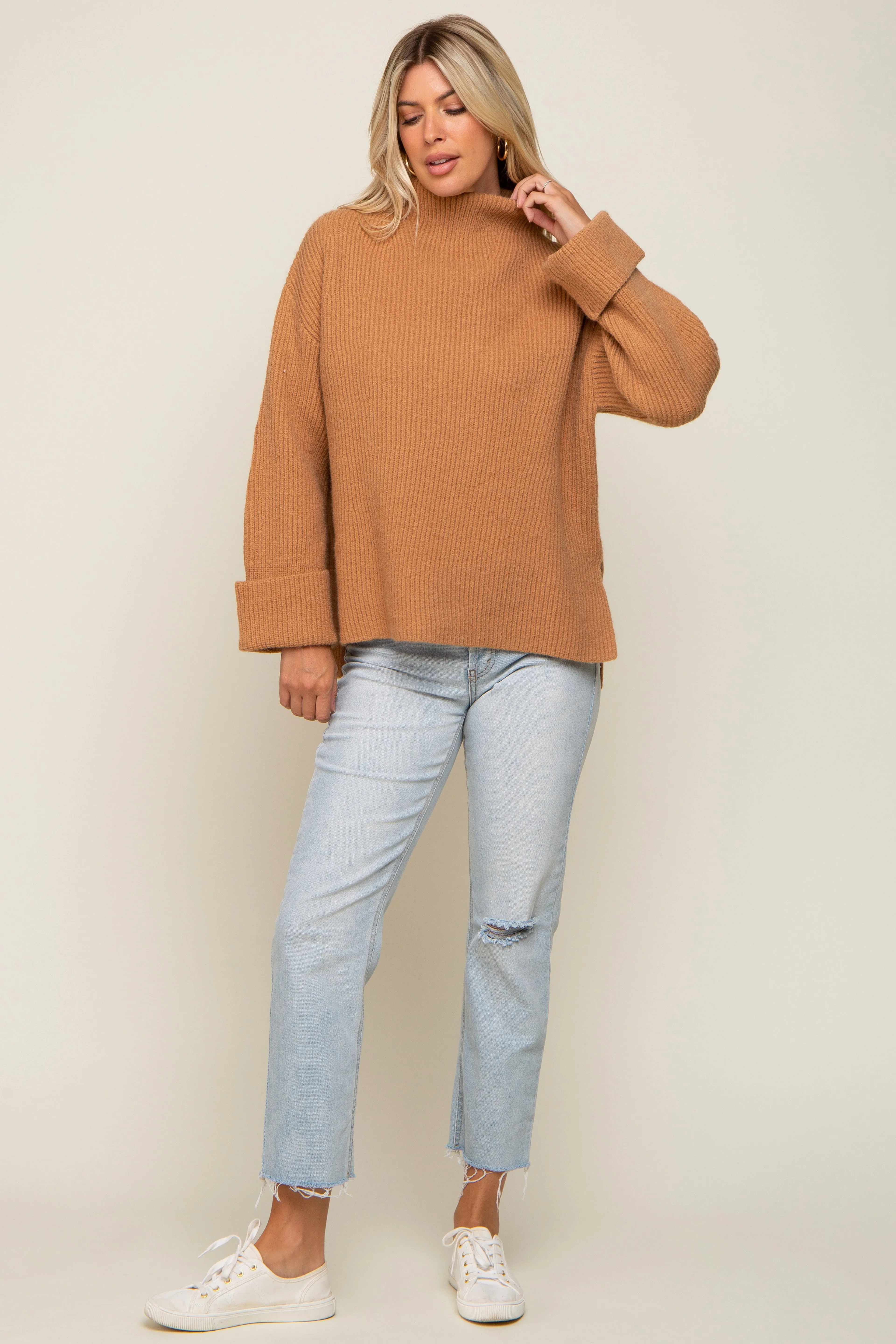 Camel Mock Neck Chunky Knit Sweater sold by Pinkblush product image thumbnail 4