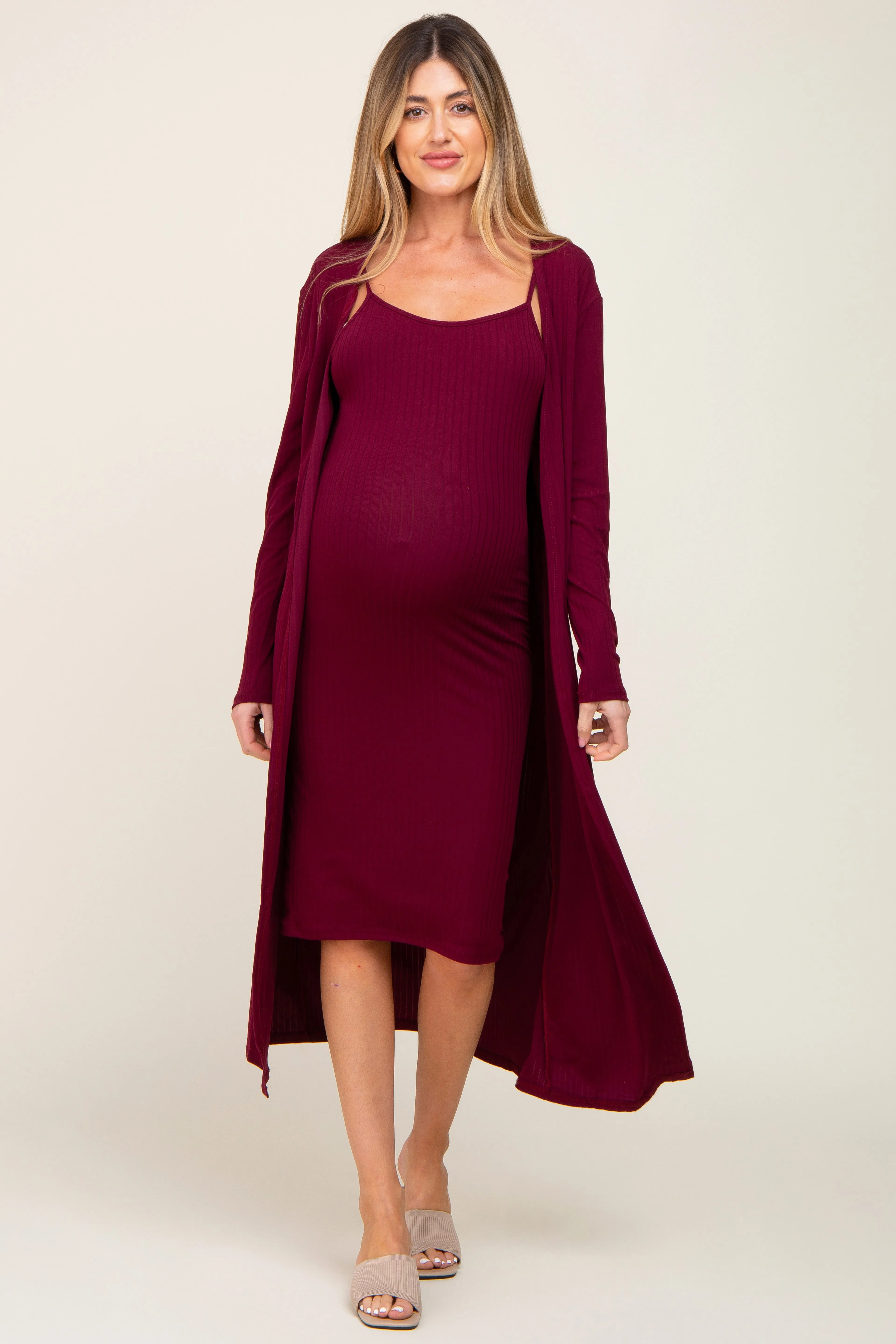 Burgundy Ribbed Cardigan 2 Piece Maternity Set sold by Pinkblush product image thumbnail 4