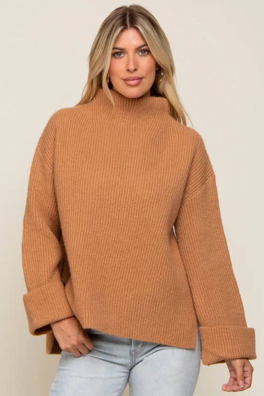 Camel Mock Neck Chunky Knit Sweater sold by Pinkblush