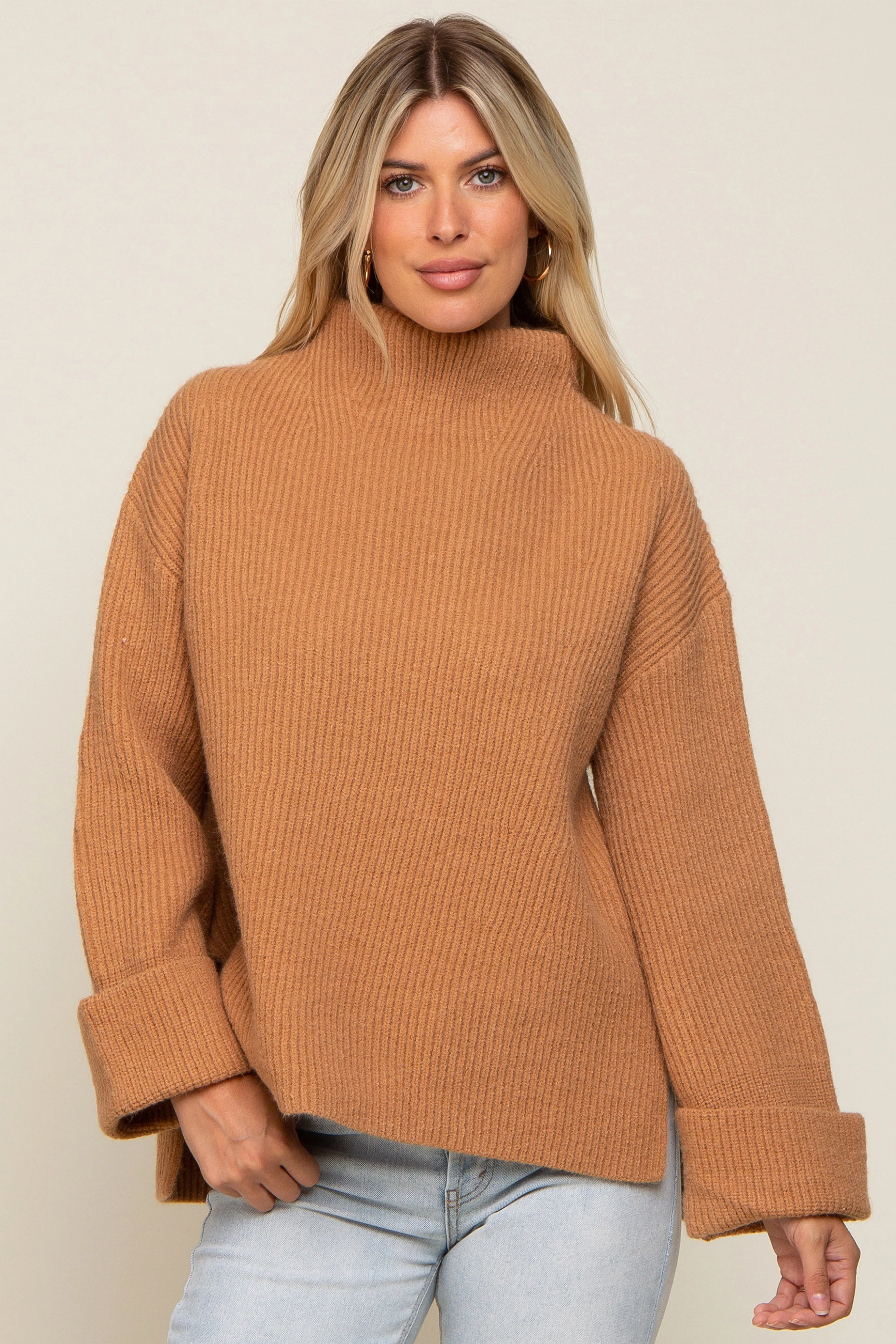 Camel Mock Neck Chunky Knit Sweater sold by Pinkblush