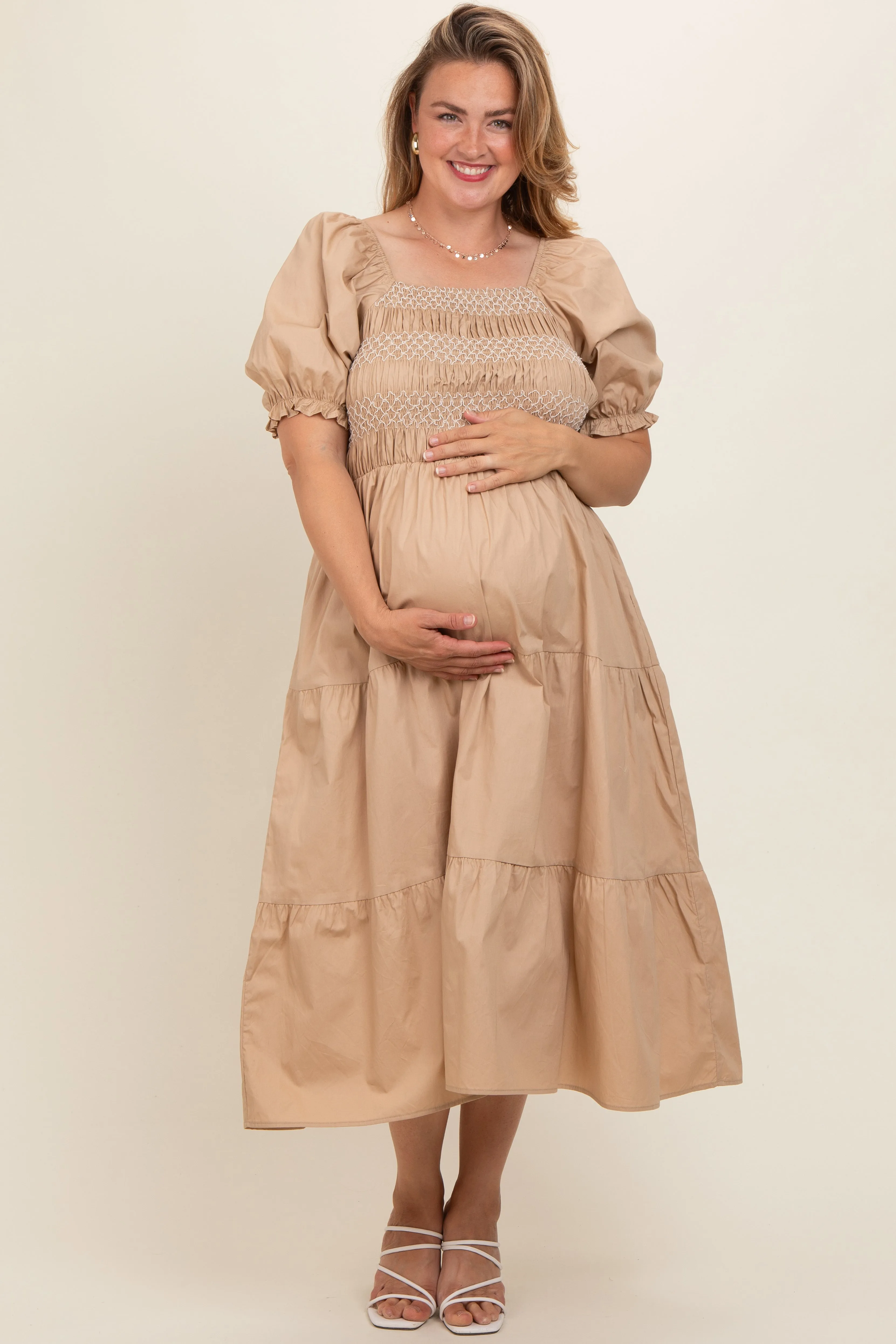 Taupe Smocked Square Neck Tiered Maternity Plus Midi Dress sold by Pinkblush product image thumbnail 2