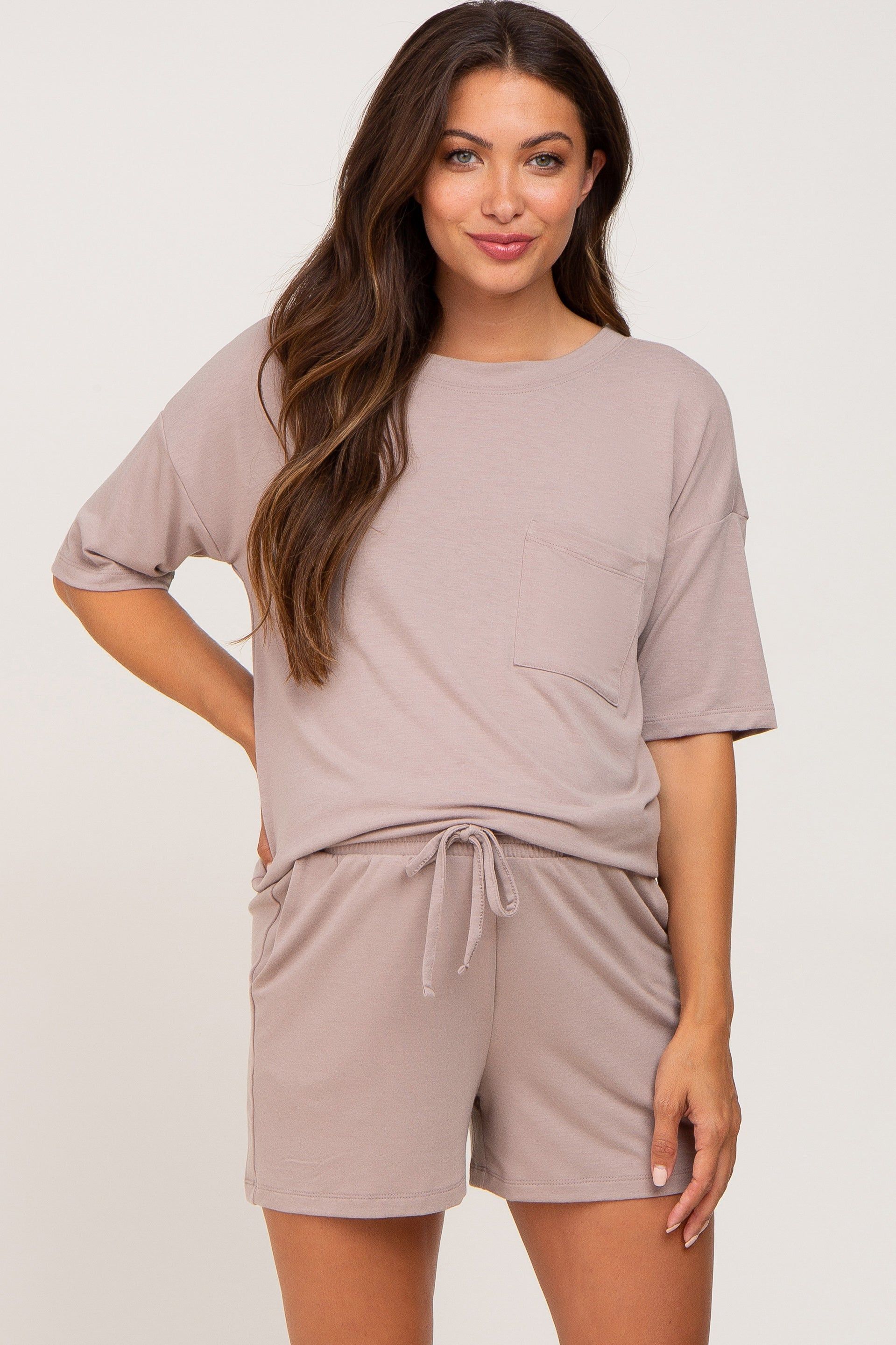 Taupe Pocket Front Maternity Pajama Short Set sold by Pinkblush