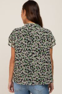 Black Floral Chiffon Smocked Shoulder Short Sleeve Maternity Blouse sold by Pinkblush