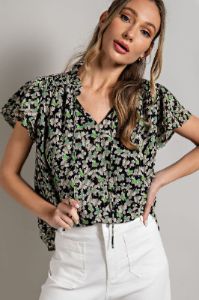 Black Floral Chiffon Smocked Shoulder Short Sleeve Maternity Blouse sold by Pinkblush