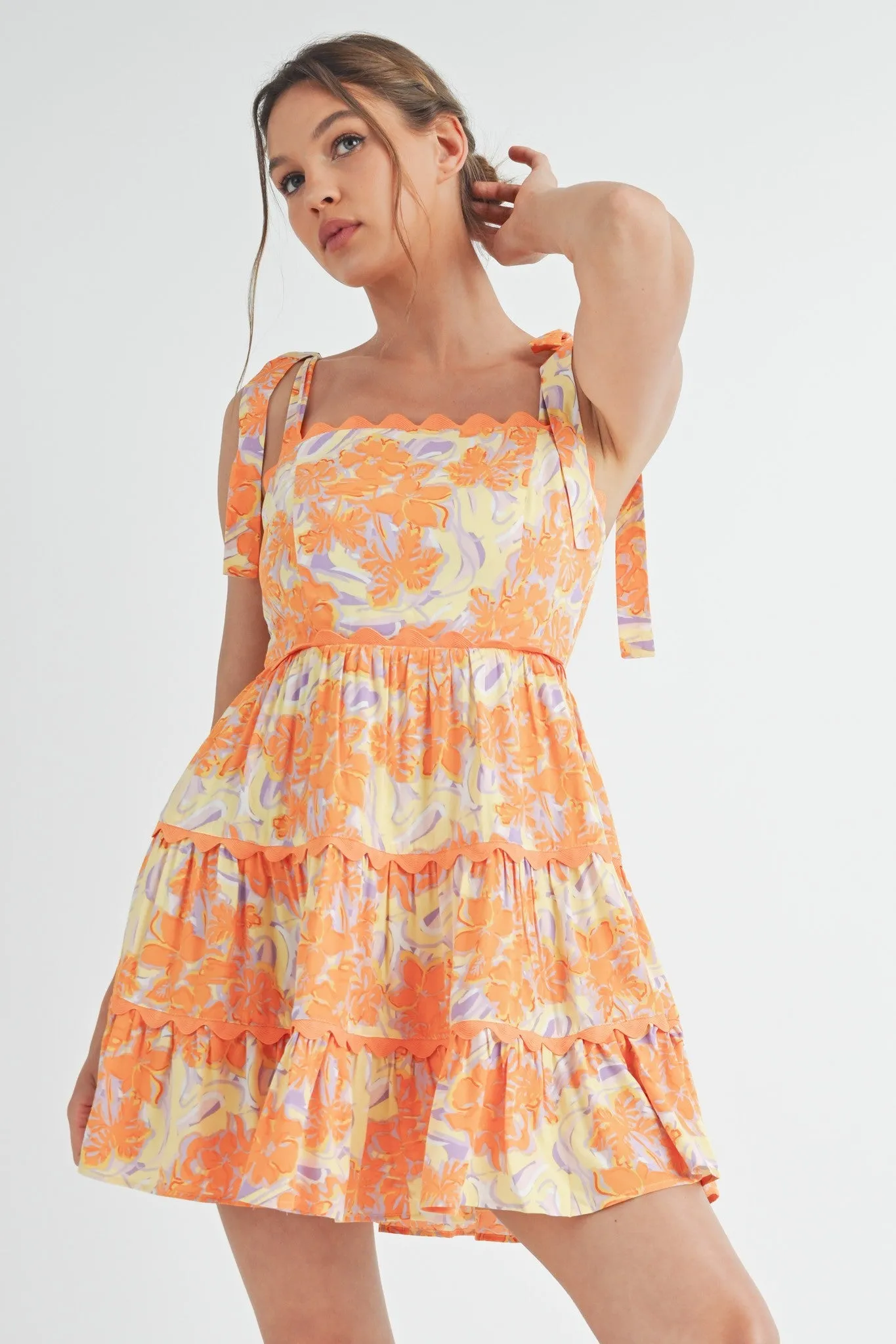 Orange Lavender Floral Tiered Scallop Trim Mini Dress sold by Pinkblush