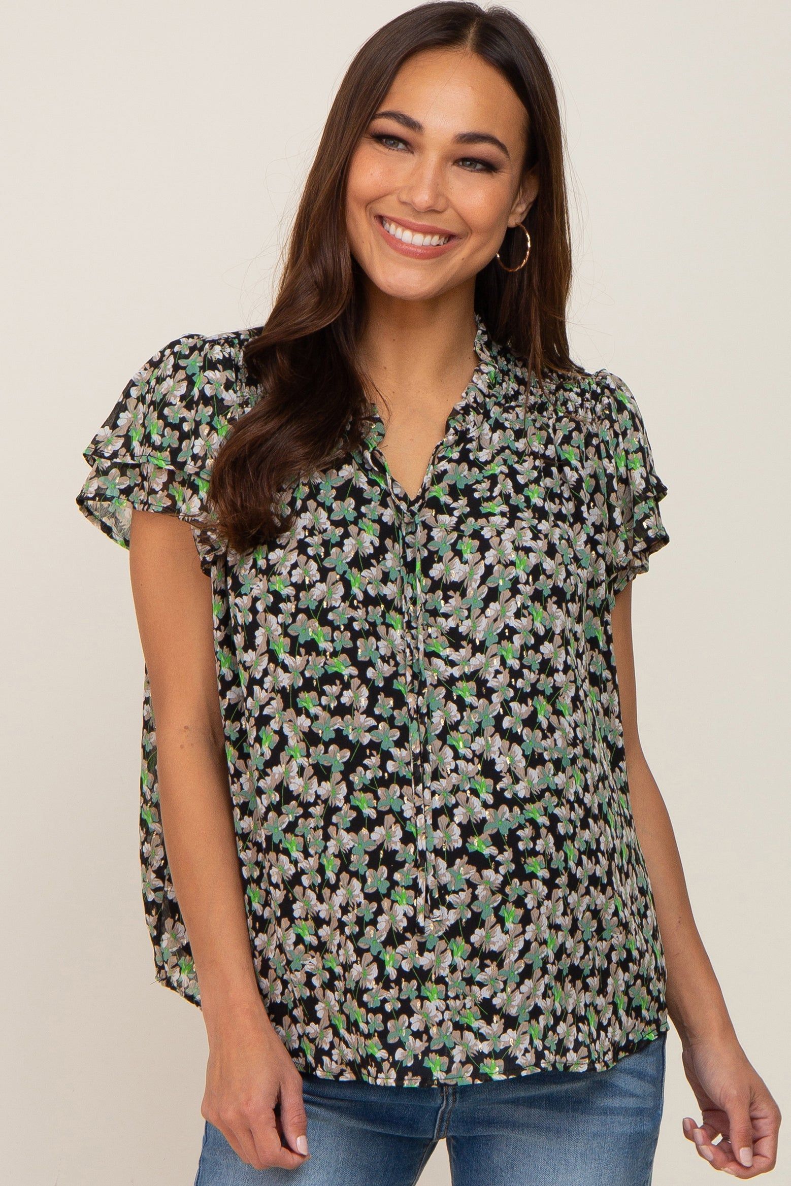 Black Floral Chiffon Smocked Shoulder Short Sleeve Maternity Blouse sold by Pinkblush