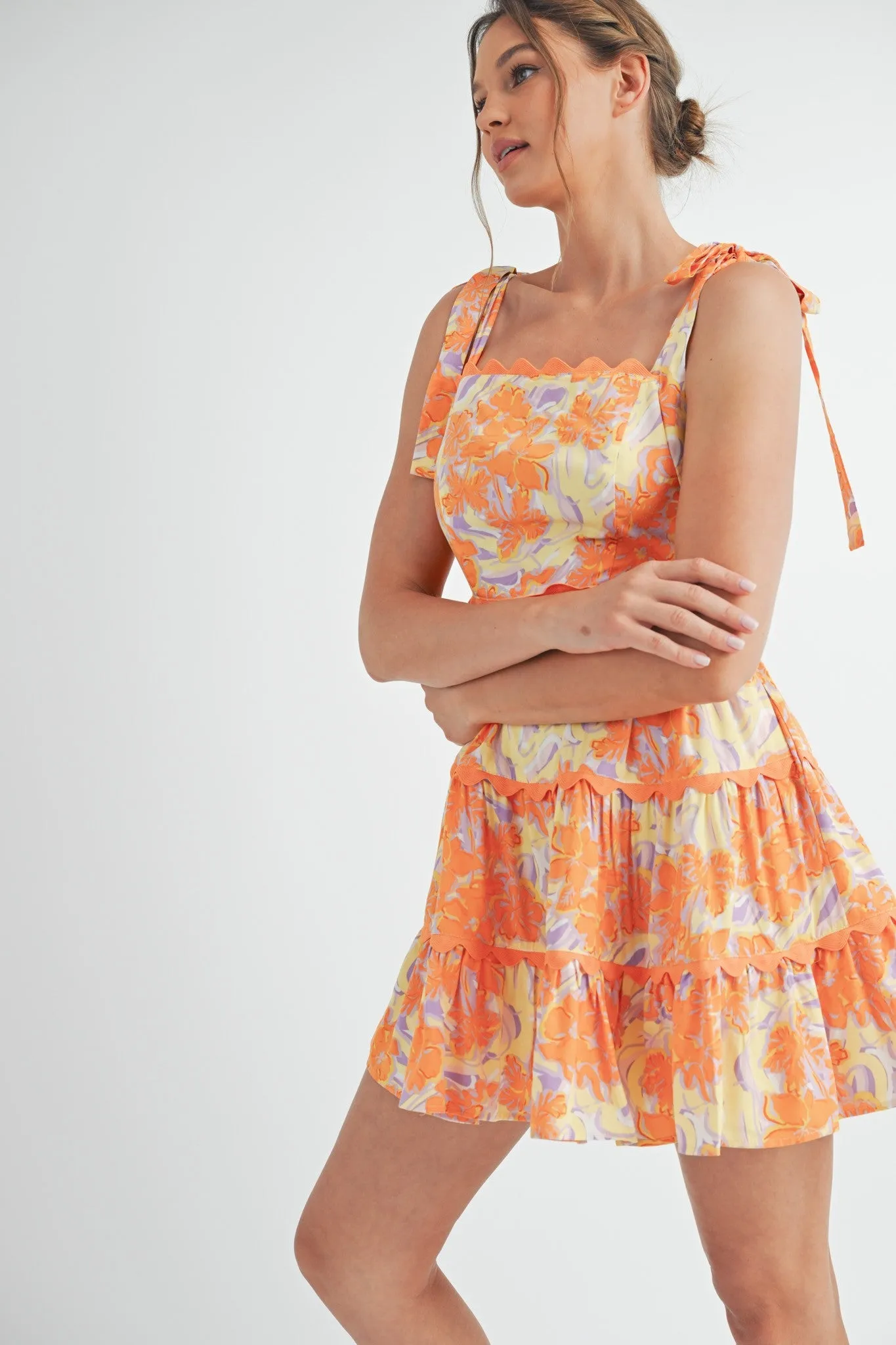Orange Lavender Floral Tiered Scallop Trim Mini Dress sold by Pinkblush product image thumbnail 2