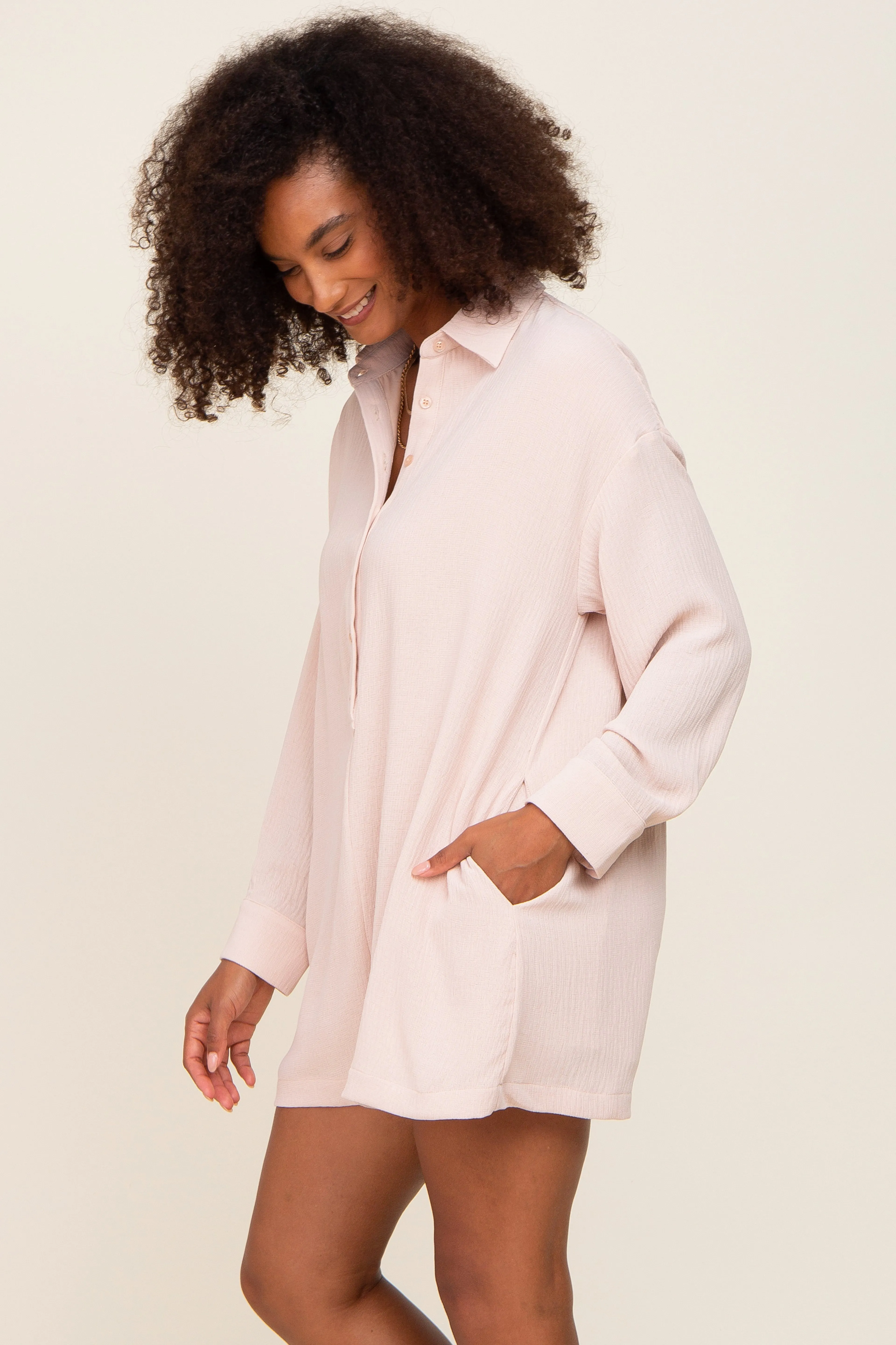 Beige Long Sleeve Button Down Romper sold by Pinkblush product image thumbnail 3
