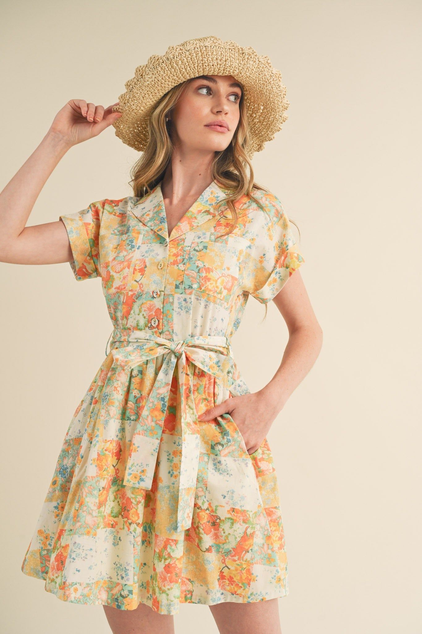 Coral Multi Floral Button Down Short Sleeve Mini Dress sold by Pinkblush product image thumbnail 2