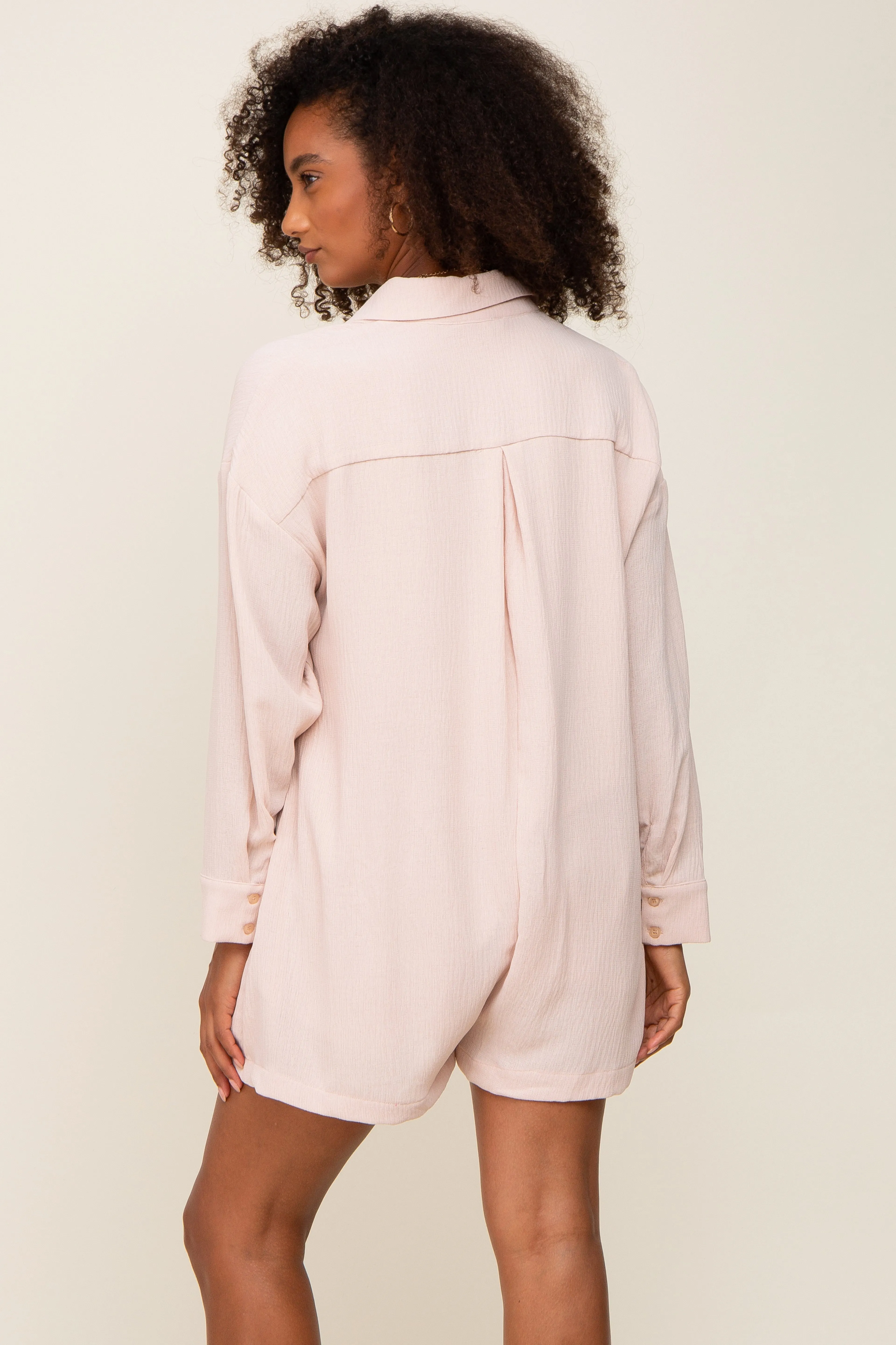 Beige Long Sleeve Button Down Romper sold by Pinkblush product image thumbnail 4
